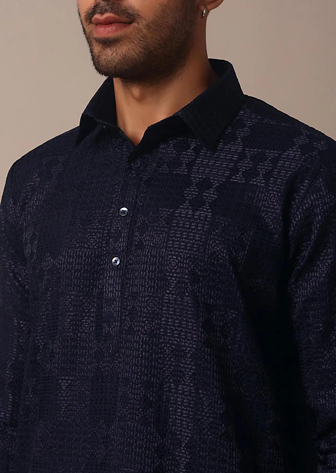 Blue Textured Fabric Collar Style Kurta Set Elegant Designer Kurta Sets