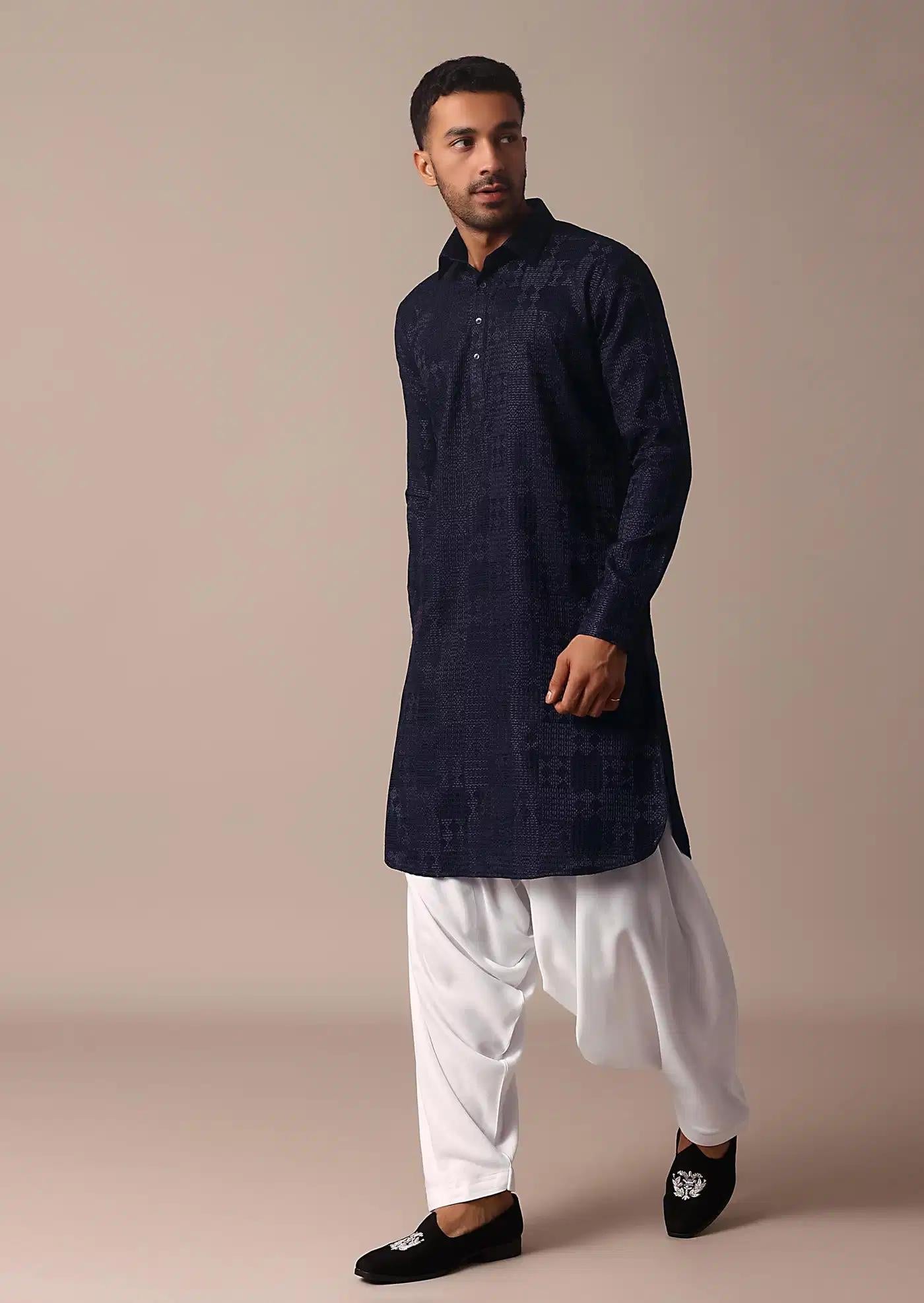 Blue Textured Fabric Collar Style Kurta Set Elegant Designer Kurta Sets