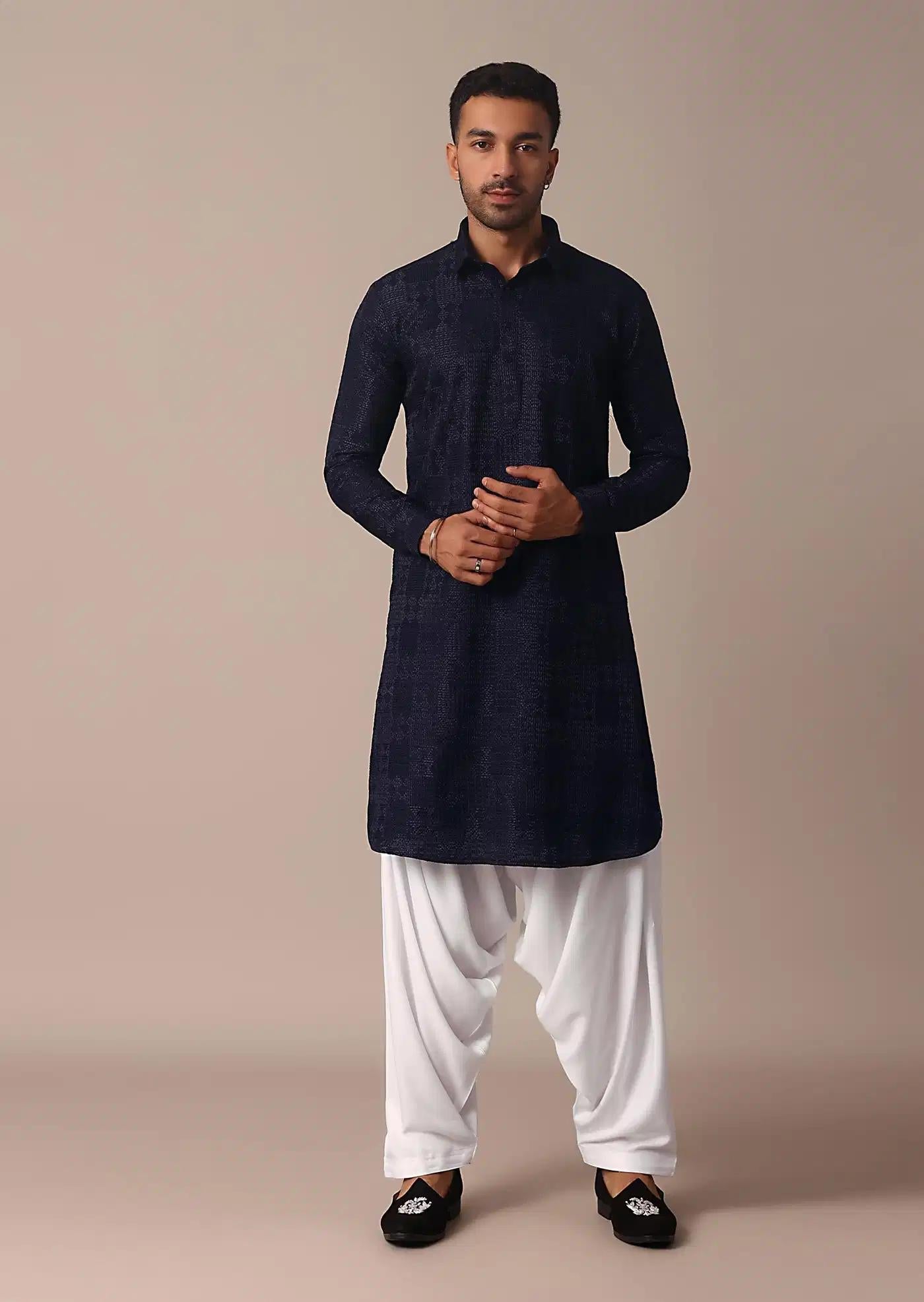 Blue Textured Fabric Collar Style Kurta Set Elegant Designer Kurta Sets