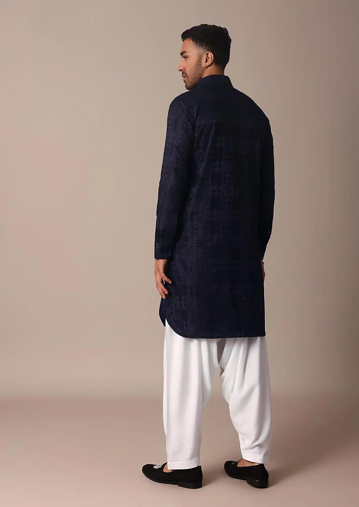 Blue Textured Fabric Collar Style Kurta Set Elegant Designer Kurta Sets