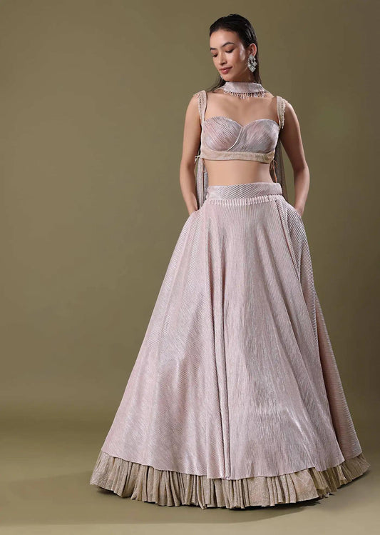 Blush Pink Pre Pleated Frill Lehenga Skirt Featuring Tieup Blouse Choker Drape