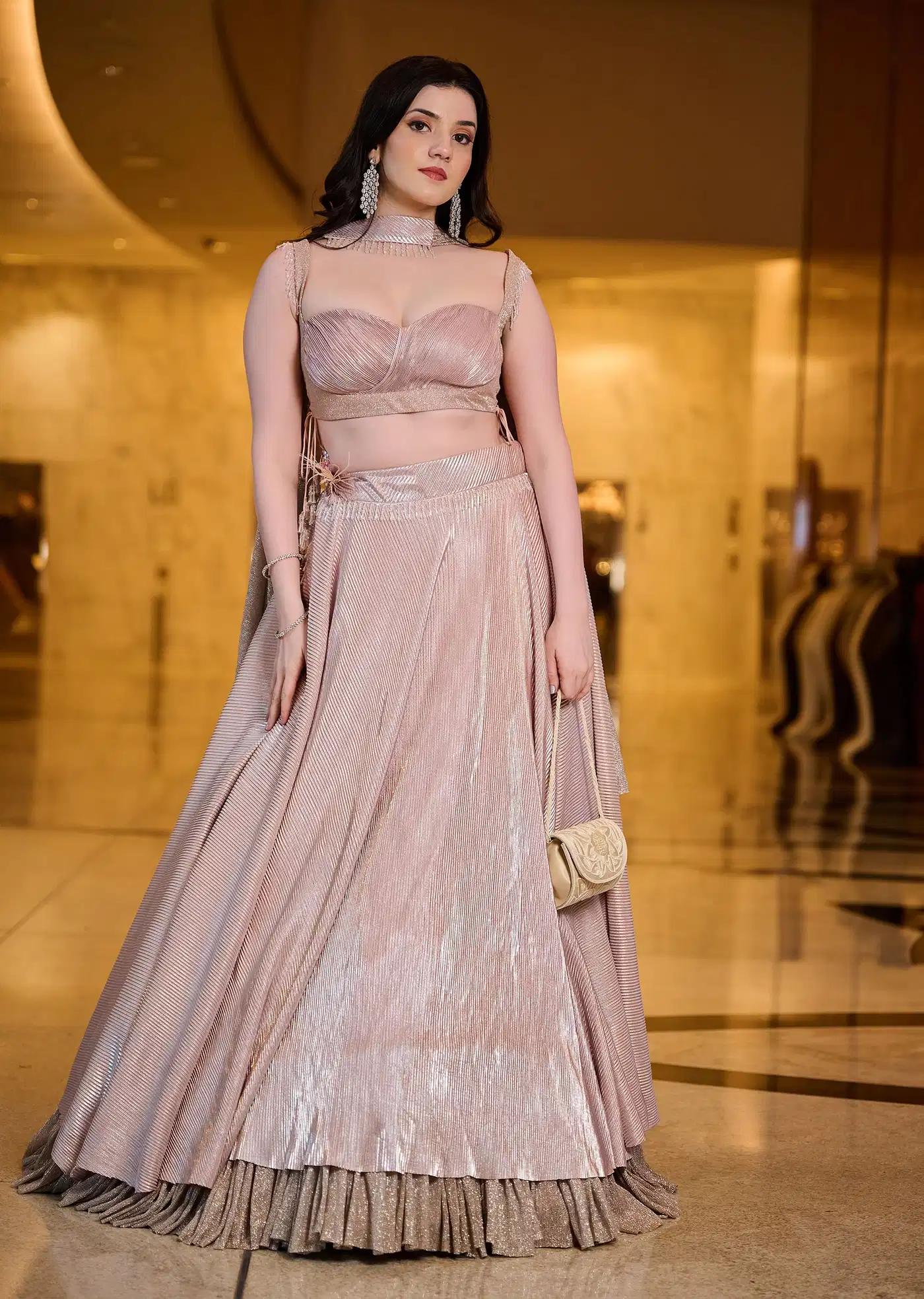Blush Pink Pre Pleated Frill Lehenga Skirt Featuring Tieup Blouse Choker Drape