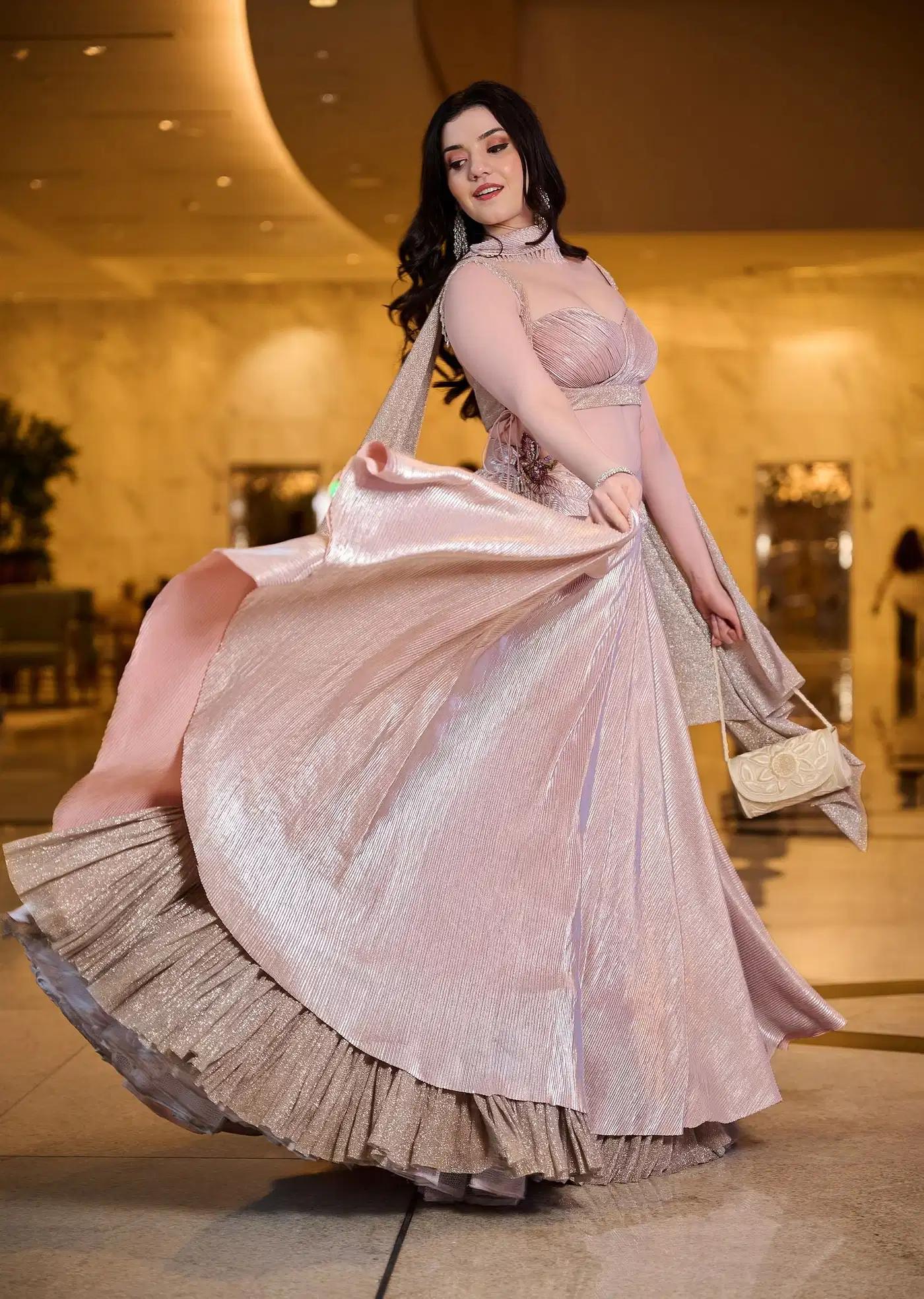 Blush Pink Pre Pleated Frill Lehenga Skirt Featuring Tieup Blouse Choker Drape