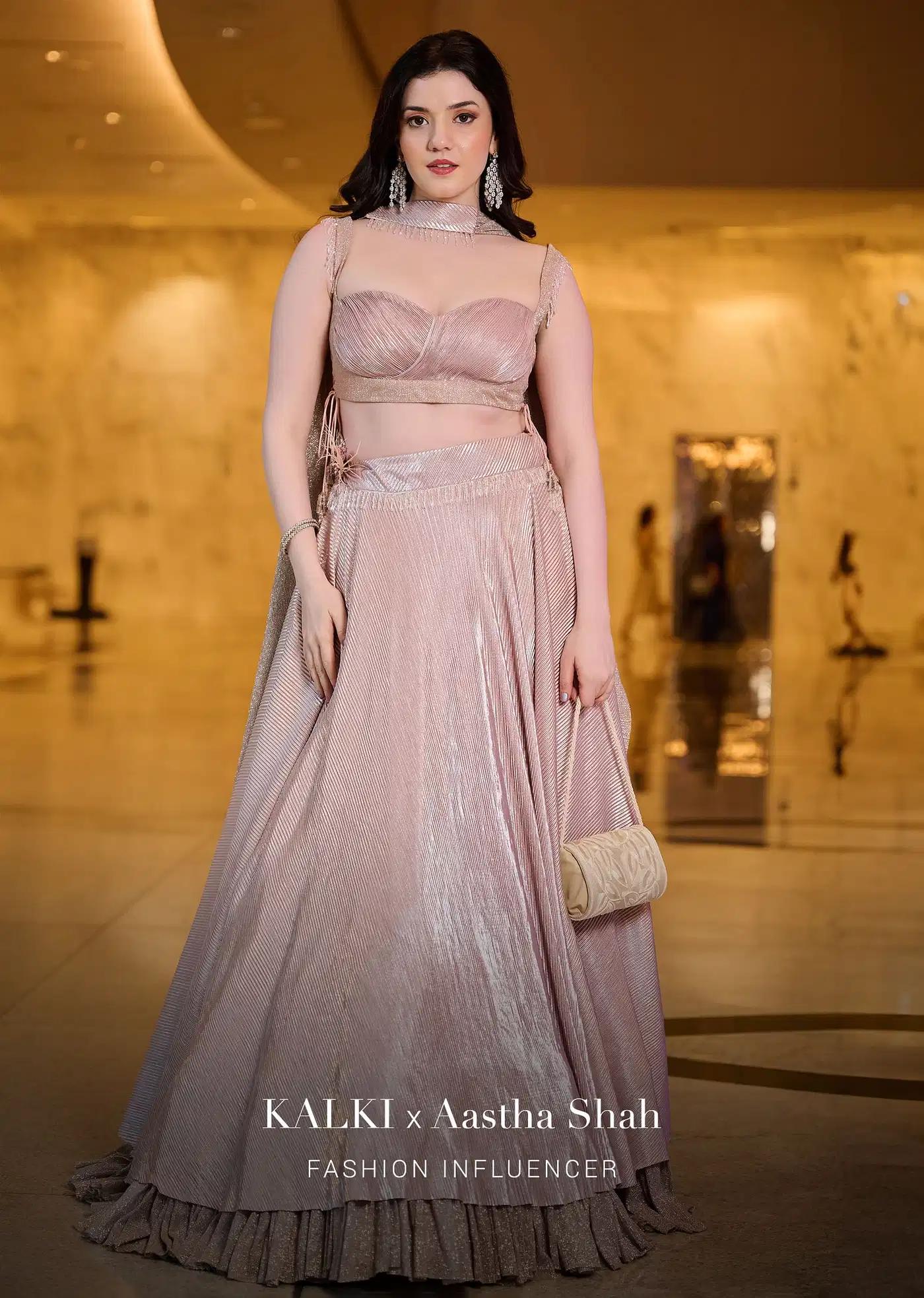 Blush Pink Pre Pleated Frill Lehenga Skirt Featuring Tieup Blouse Choker Drape