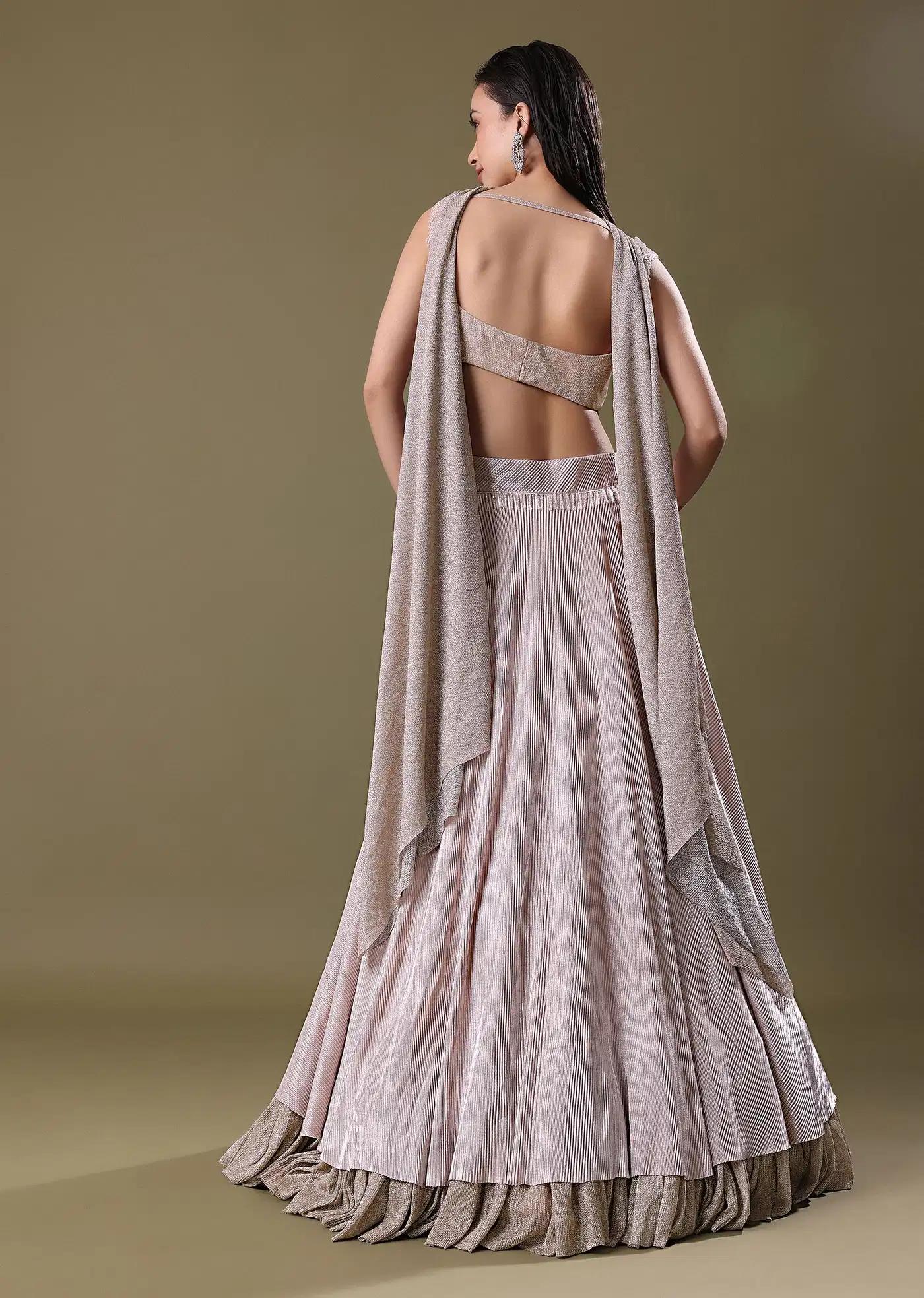 Blush Pink Pre Pleated Frill Lehenga Skirt Featuring Tieup Blouse Choker Drape