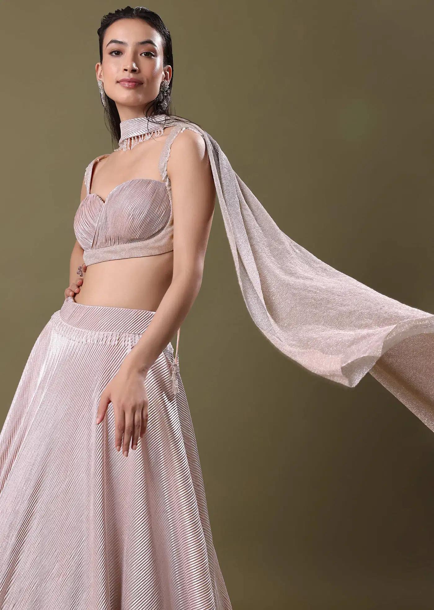 Blush Pink Pre Pleated Frill Lehenga Skirt Featuring Tieup Blouse Choker Drape