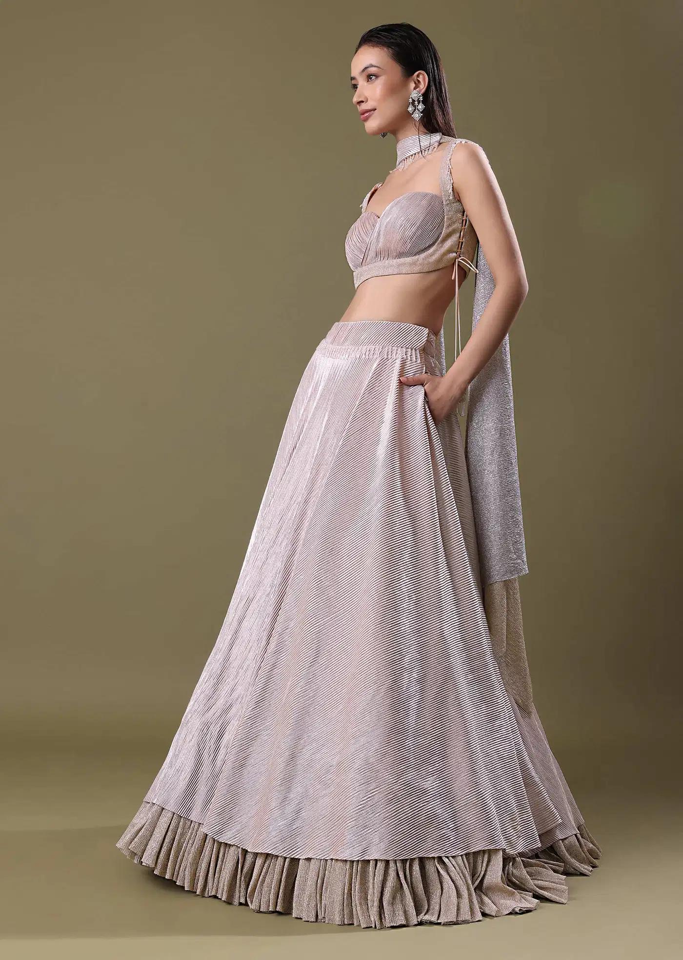Blush Pink Pre Pleated Frill Lehenga Skirt Featuring Tieup Blouse Choker Drape