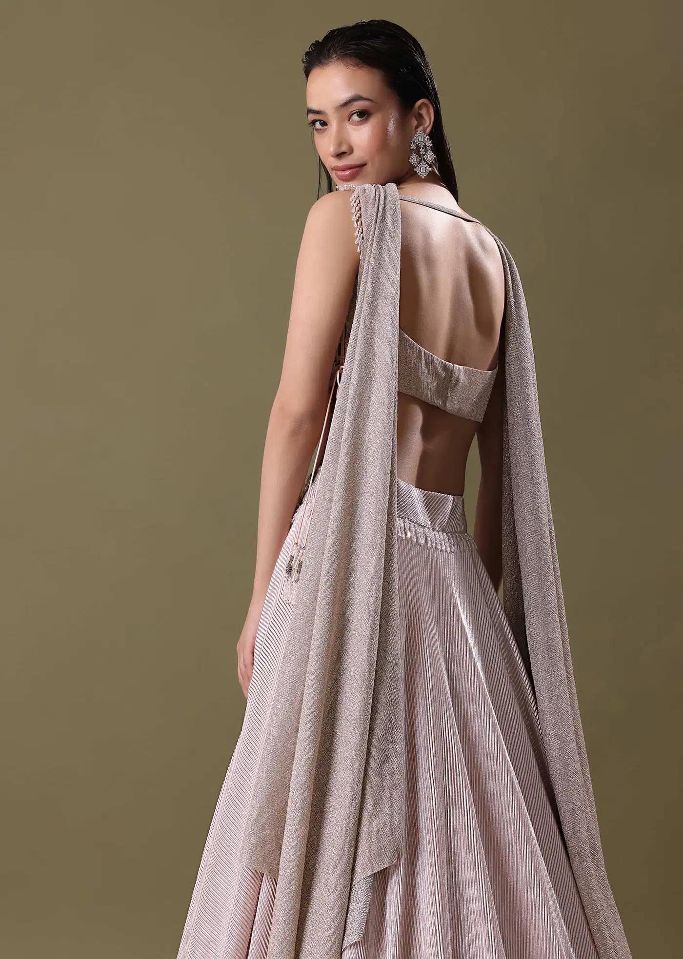 Blush Pink Pre Pleated Frill Lehenga Skirt Featuring Tieup Blouse Choker Drape