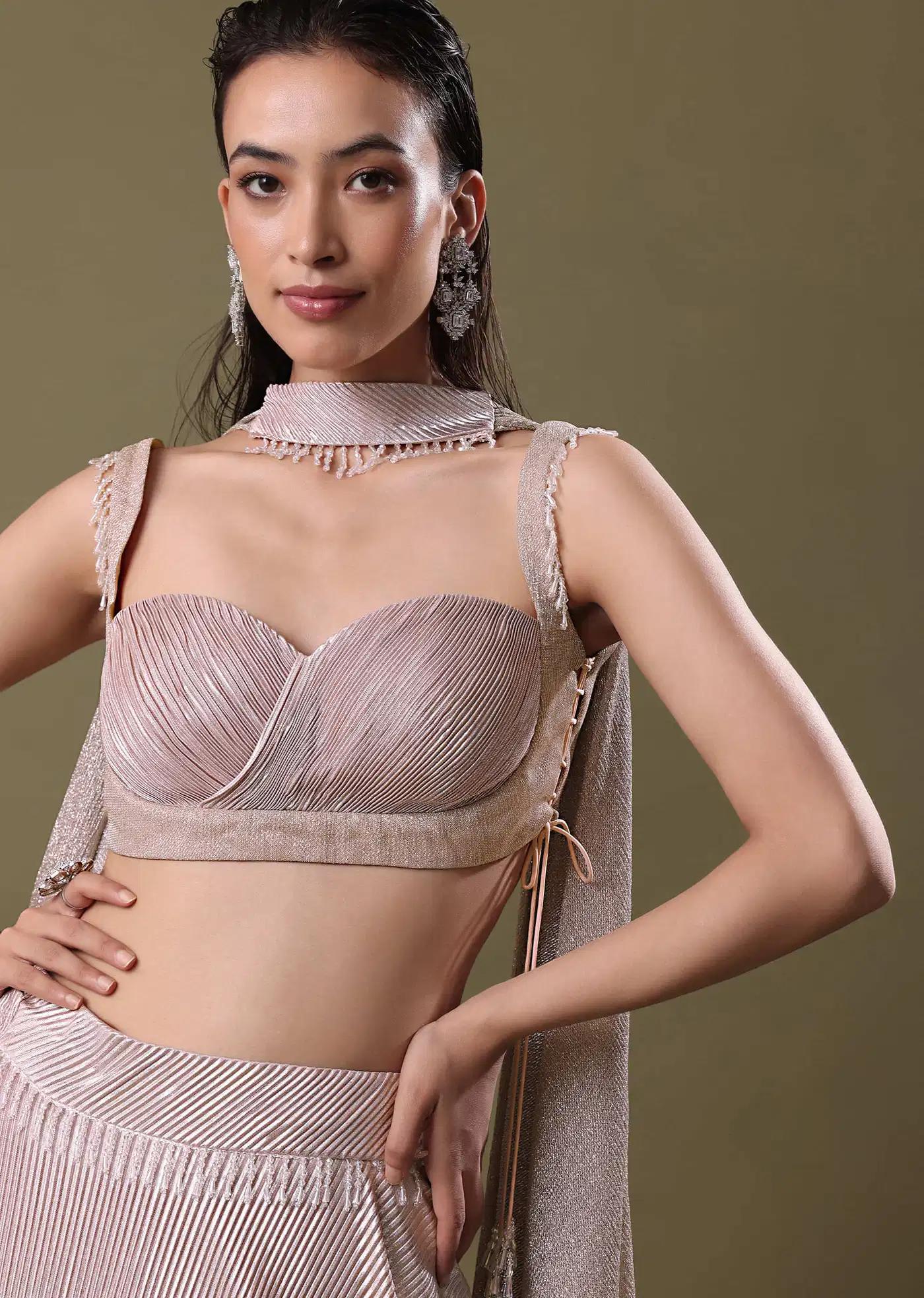 Blush Pink Pre Pleated Frill Lehenga Skirt Featuring Tieup Blouse Choker Drape