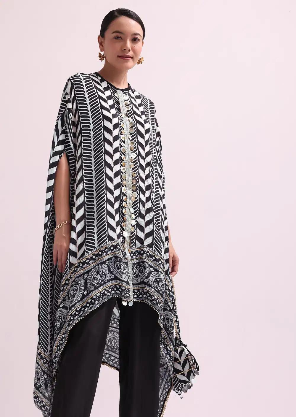 Boho Style Printed Black Kurta Pant Ensemble With Matching Potali Outfit