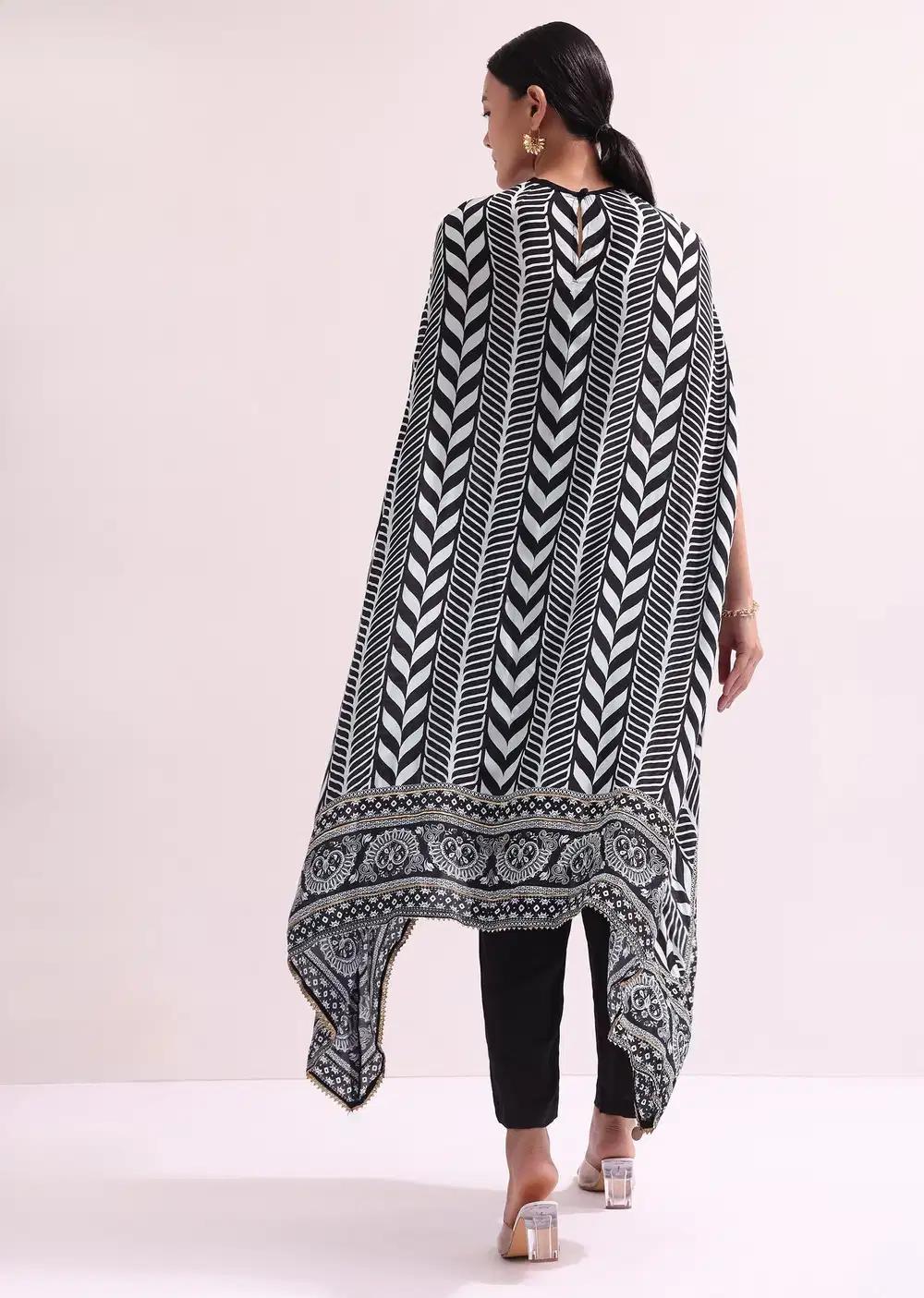 Boho Style Printed Black Kurta Pant Ensemble With Matching Potali Outfit