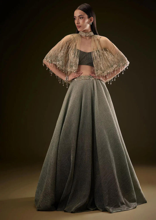 Bottle Green Crush Lehenga Skirt Featuring Choker Style Cape