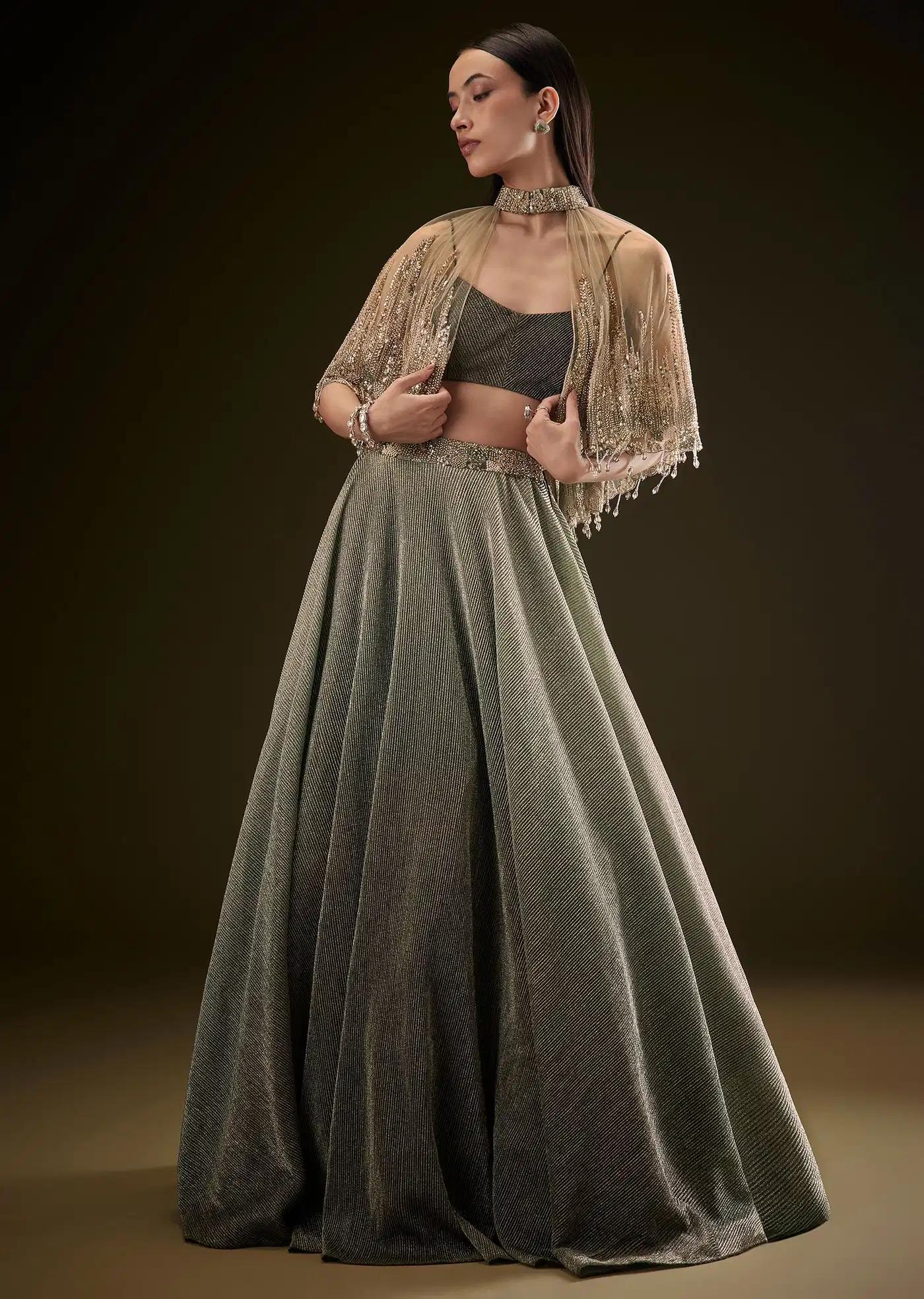 Bottle Green Crush Lehenga Skirt Featuring Choker Style Cape
