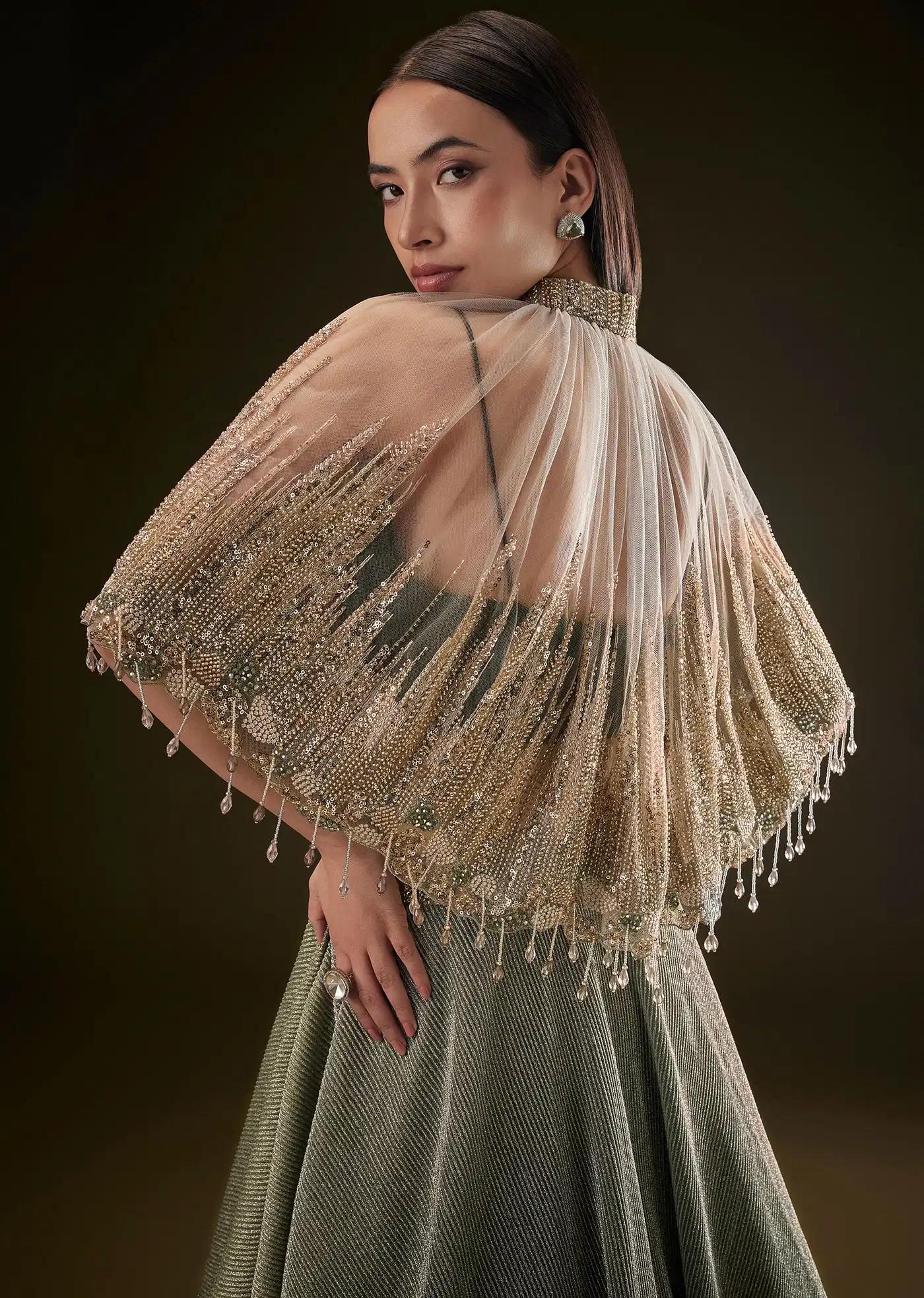 Bottle Green Crush Lehenga Skirt Featuring Choker Style Cape