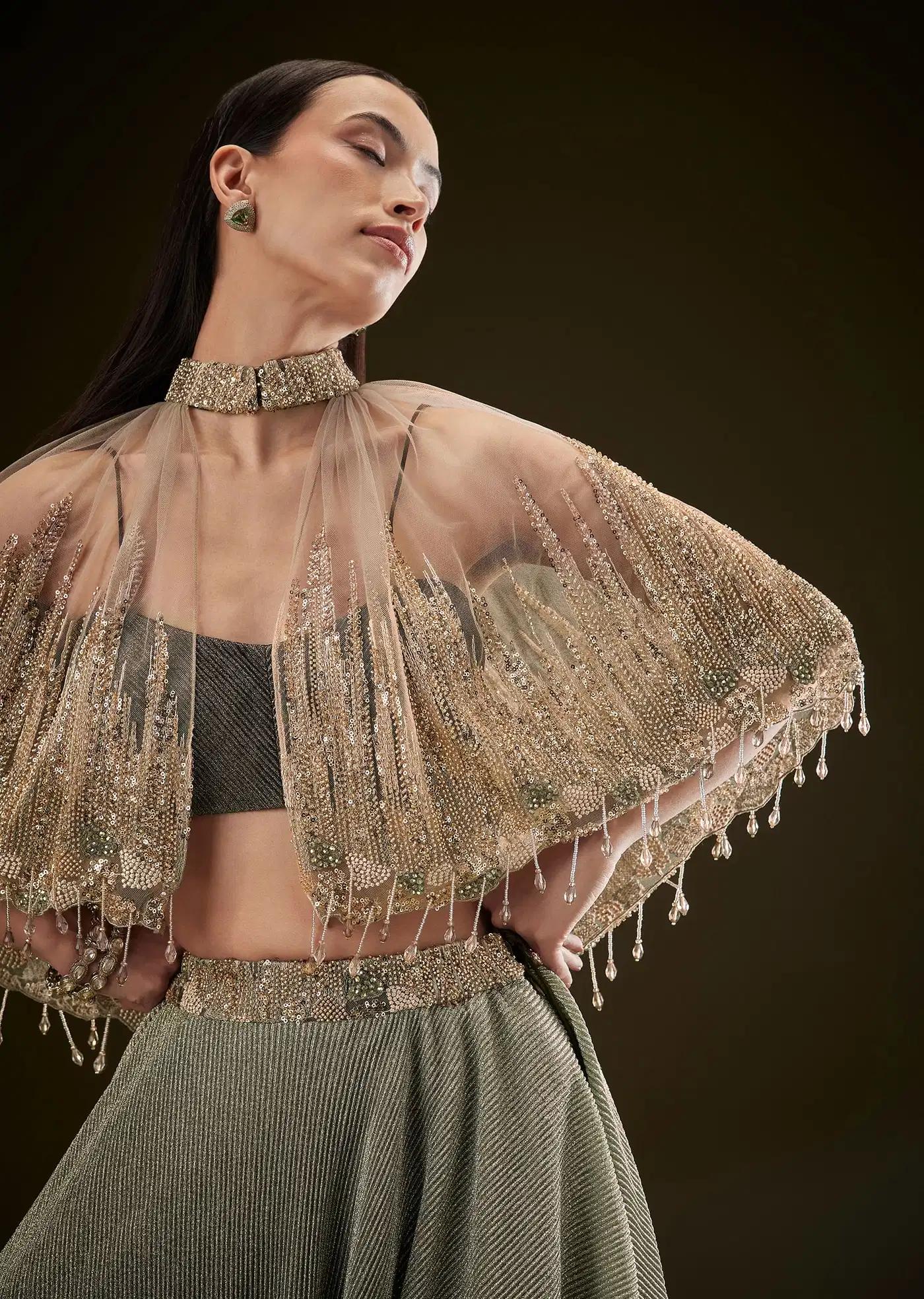 Bottle Green Crush Lehenga Skirt Featuring Choker Style Cape
