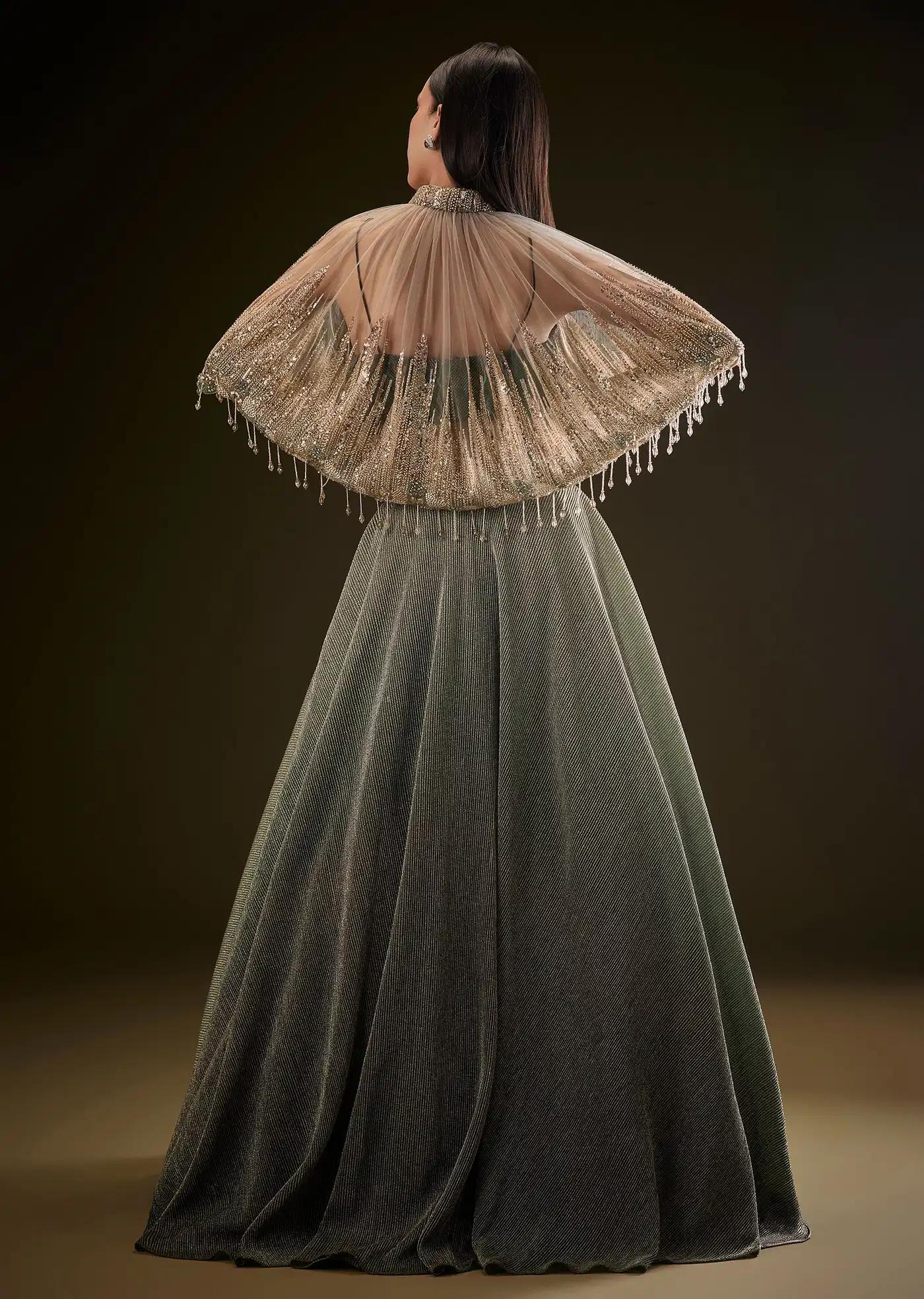 Bottle Green Crush Lehenga Skirt Featuring Choker Style Cape