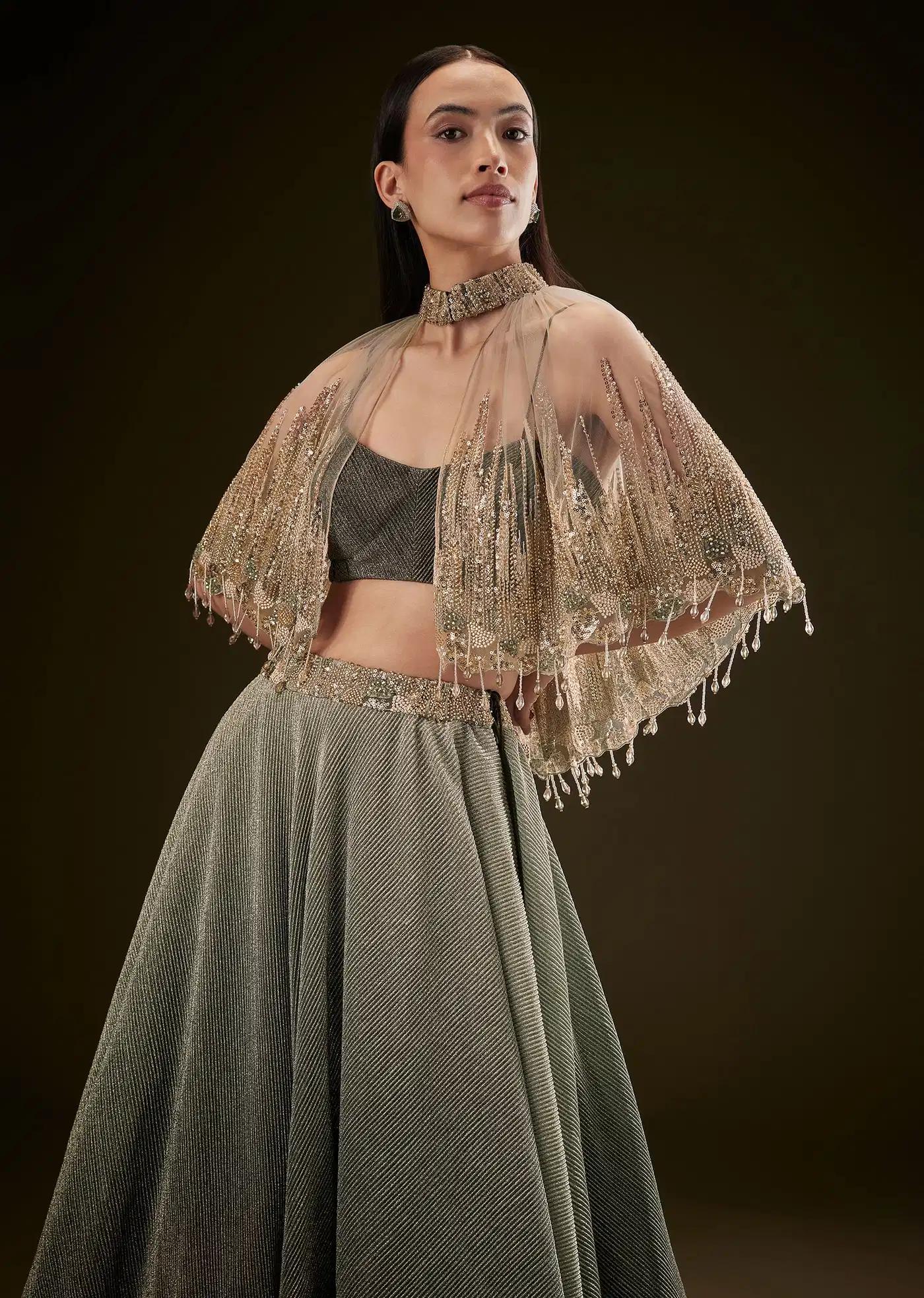 Bottle Green Crush Lehenga Skirt Featuring Choker Style Cape