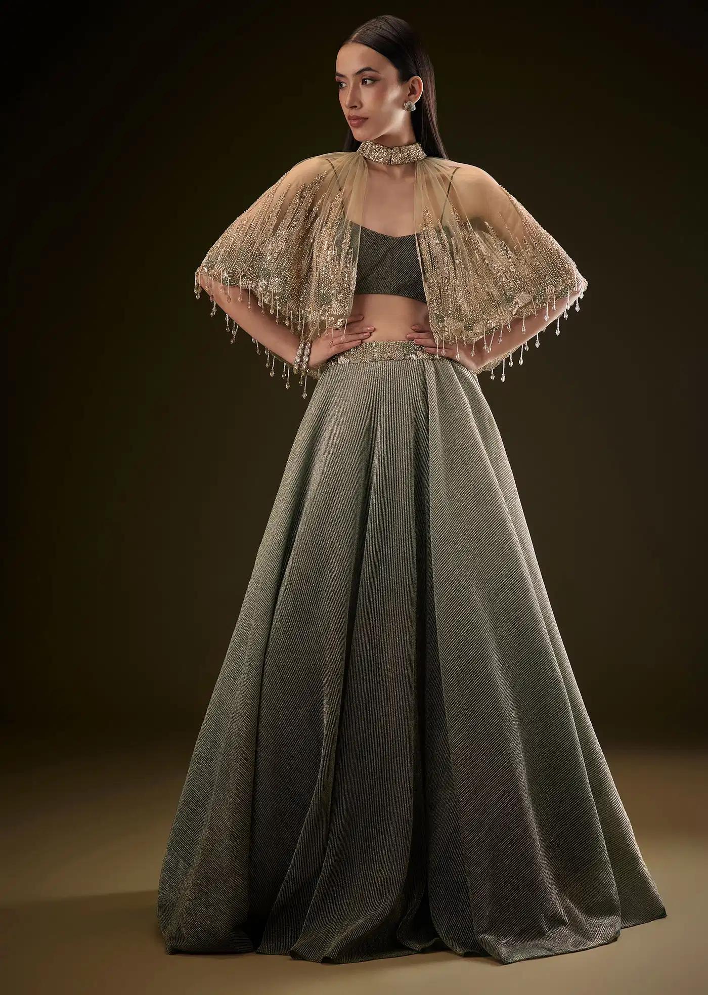 Bottle Green Crush Lehenga Skirt Featuring Choker Style Cape