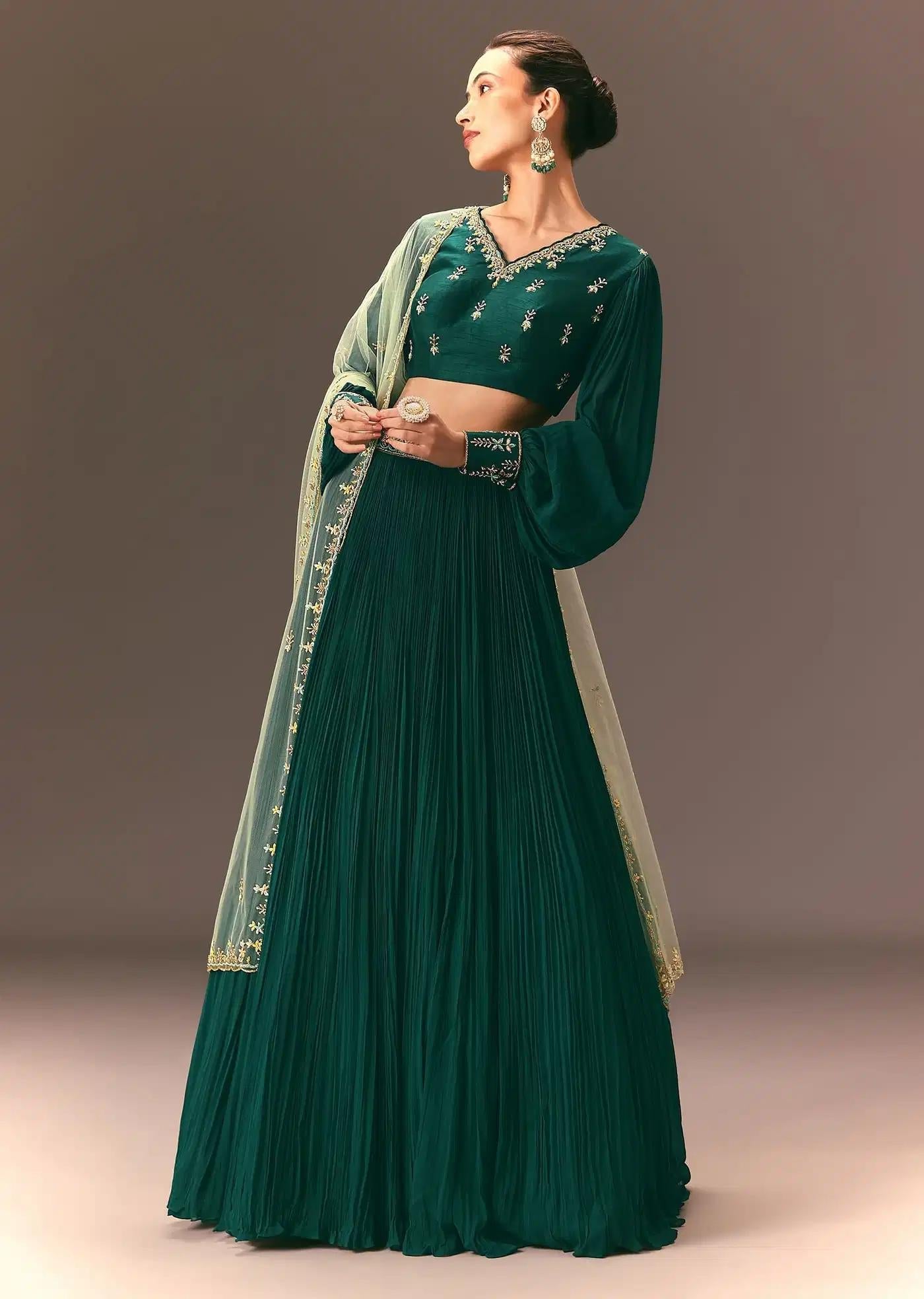 Bottle Green Embellished Ruched Lehenga Skirt Ensemble