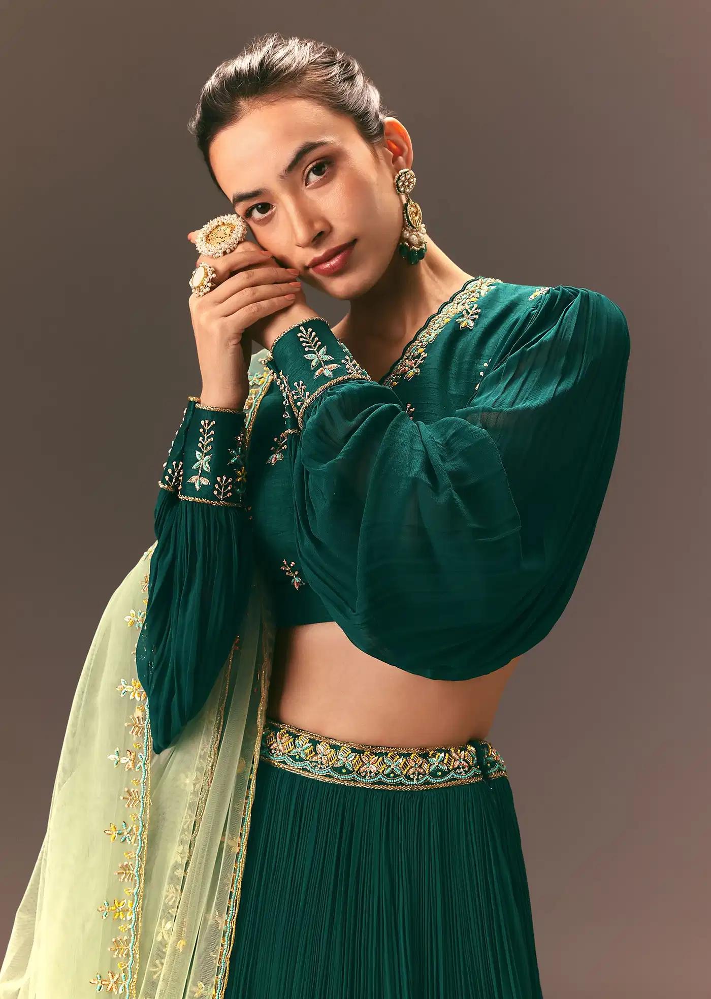 Bottle Green Embellished Ruched Lehenga Skirt Ensemble