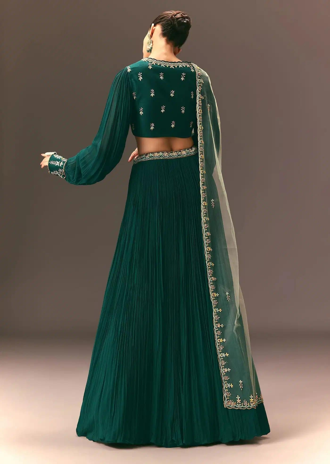 Bottle Green Embellished Ruched Lehenga Skirt Ensemble