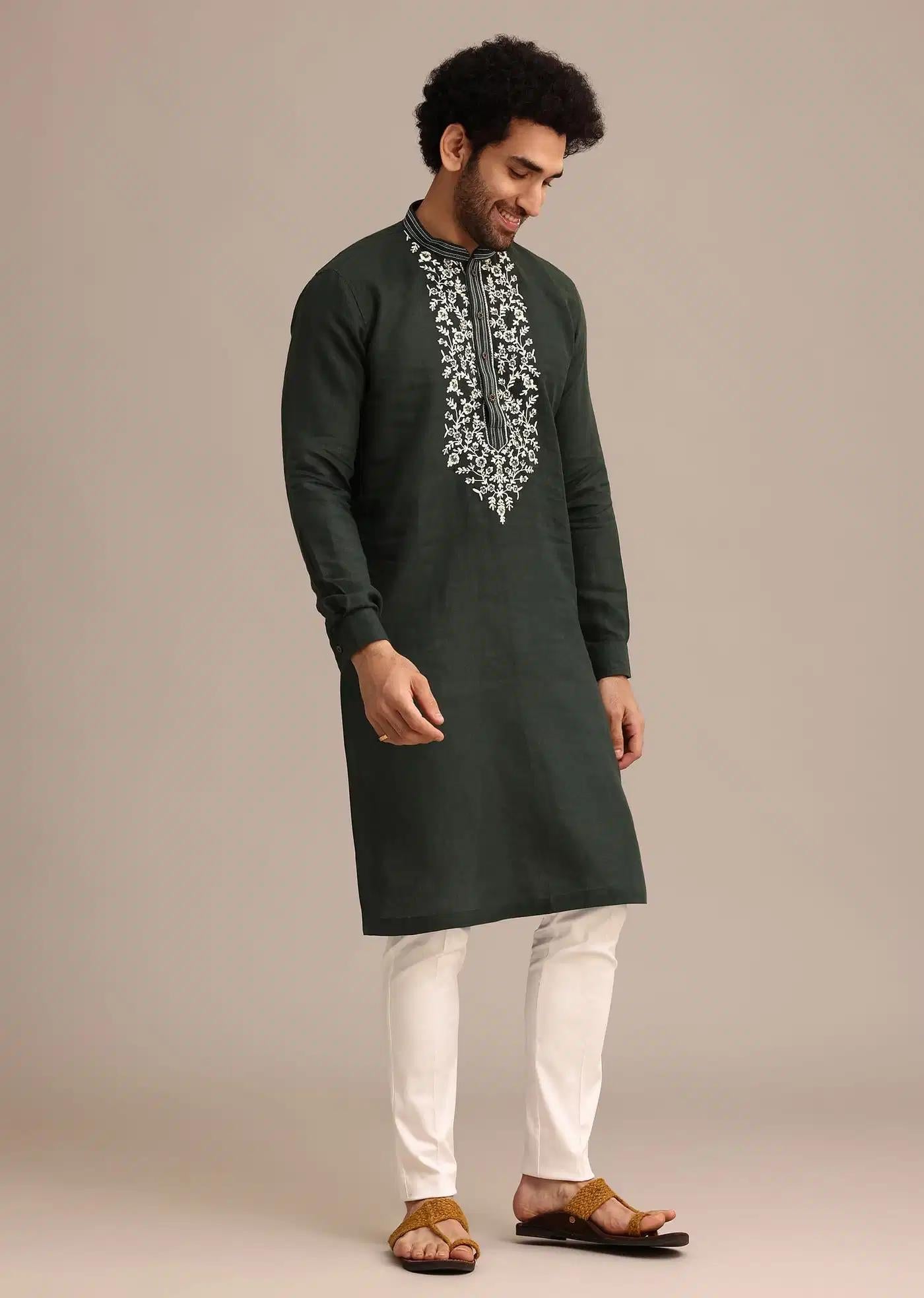 Bottle Green Linen Kurta And Pant Set With Floral Resham Elegant Designer Kurta Sets
