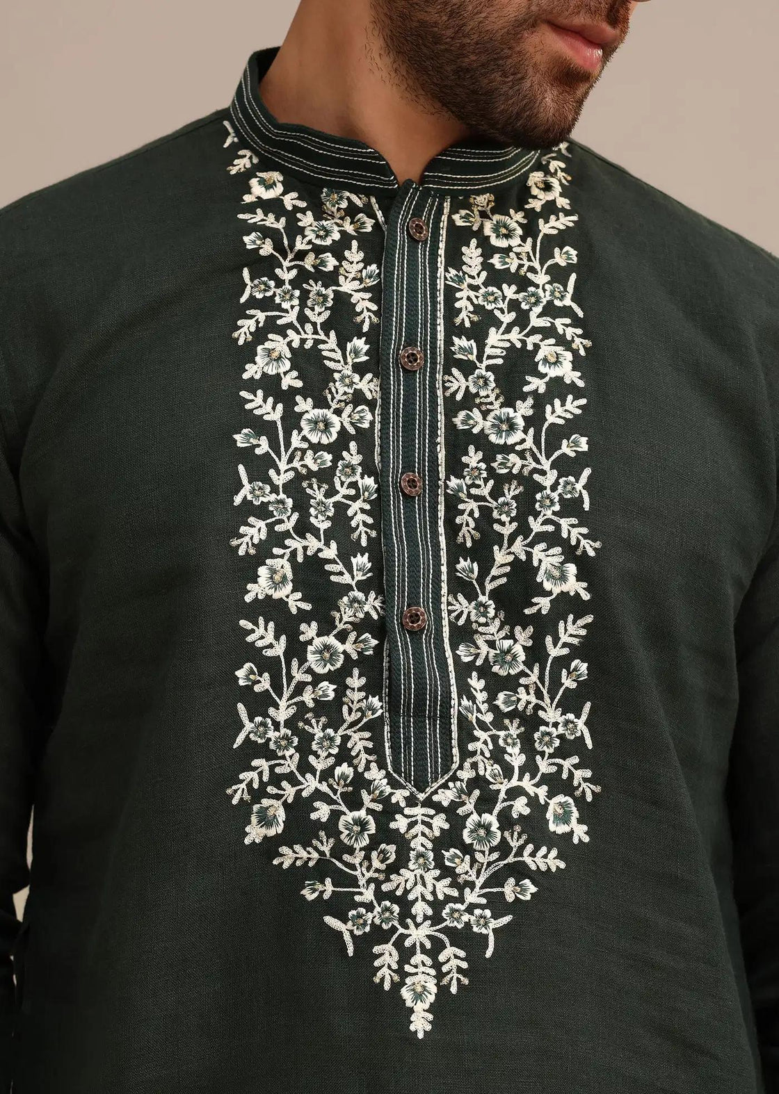Bottle Green Linen Kurta And Pant Set With Floral Resham Elegant Designer Kurta Sets
