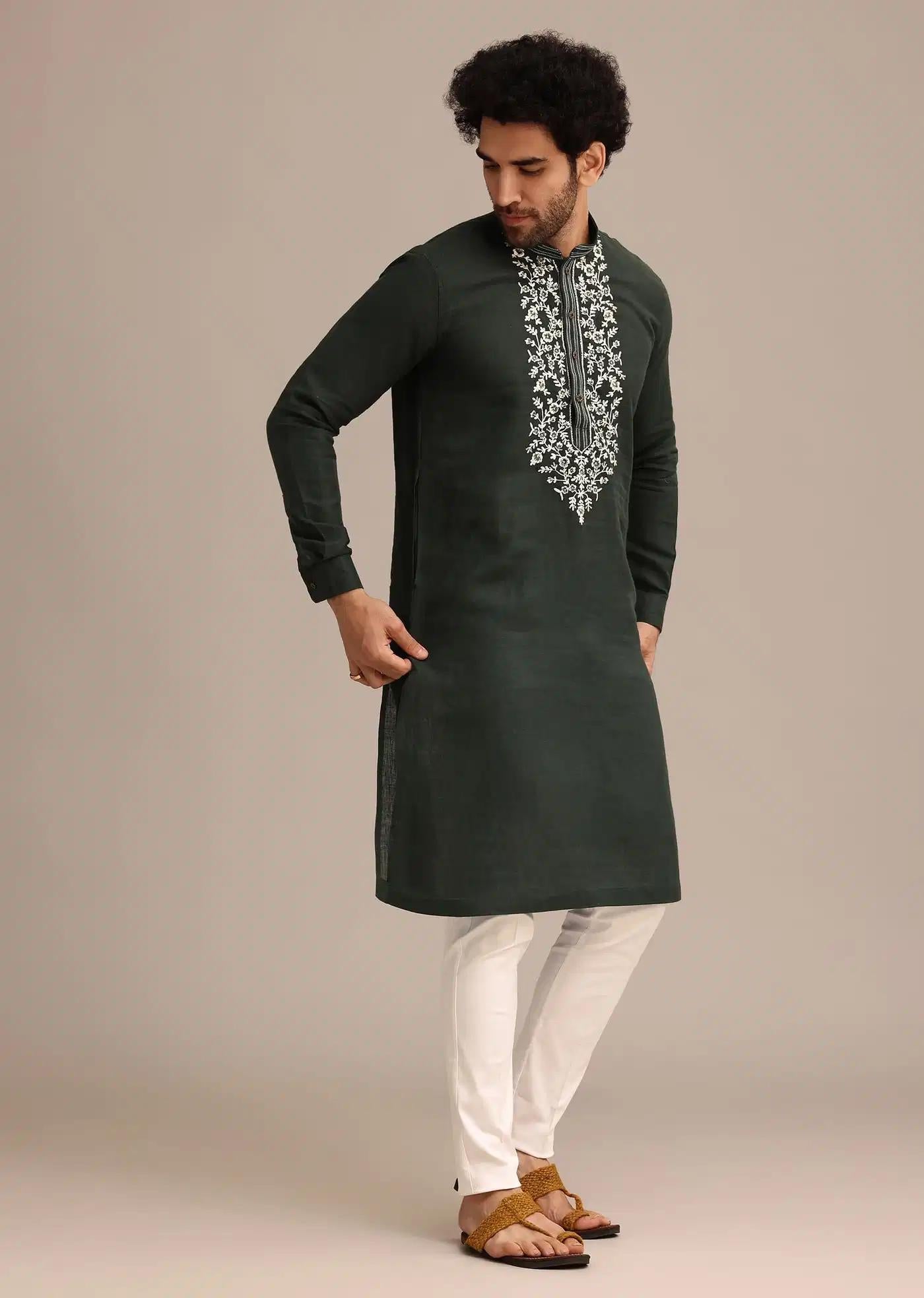 Bottle Green Linen Kurta And Pant Set With Floral Resham Elegant Designer Kurta Sets