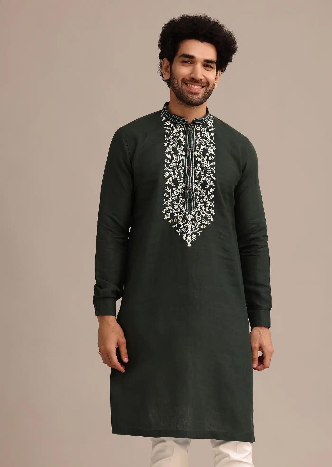 Bottle Green Linen Kurta And Pant Set With Floral Resham Elegant Designer Kurta Sets