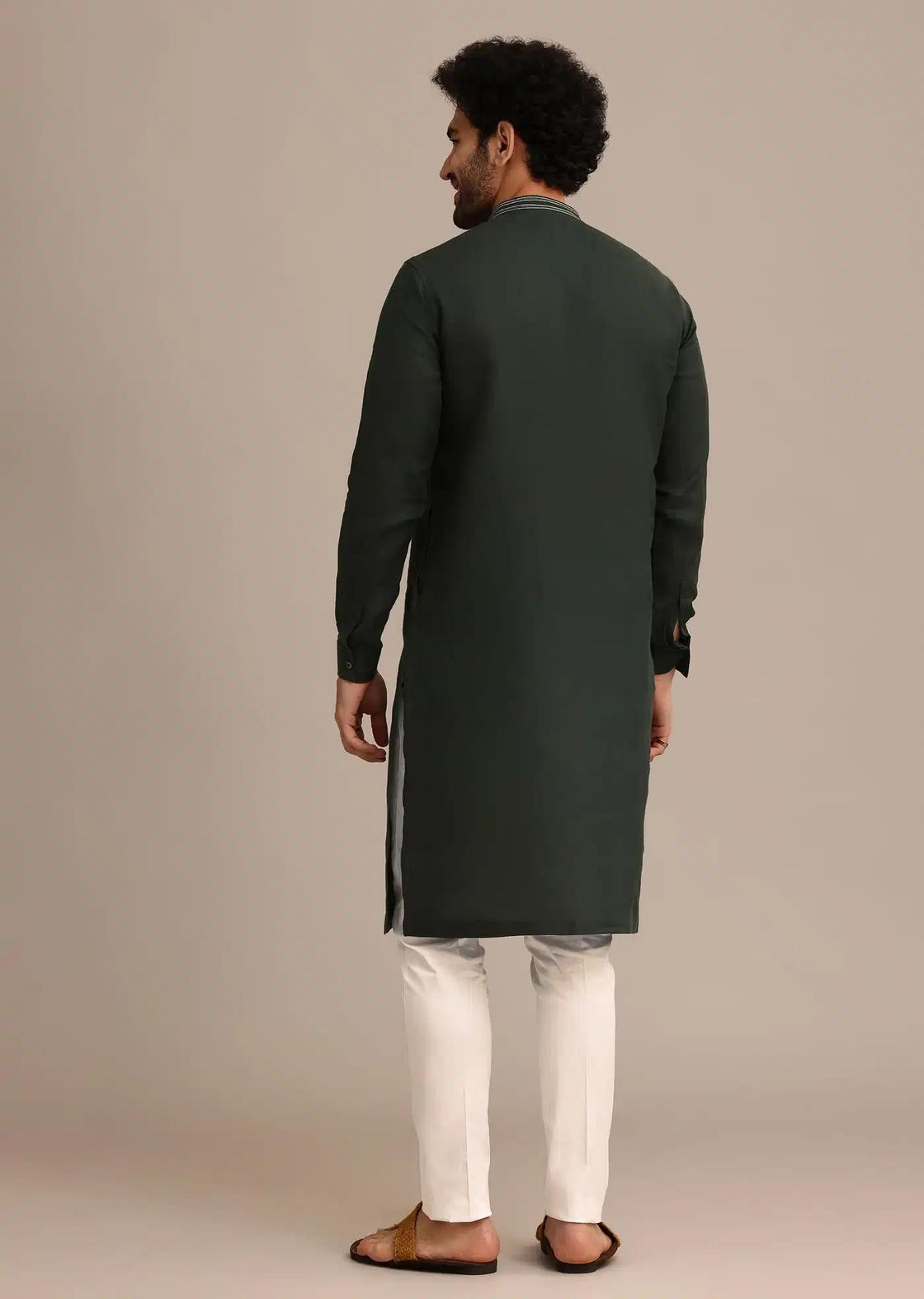 Bottle Green Linen Kurta And Pant Set With Floral Resham Elegant Designer Kurta Sets