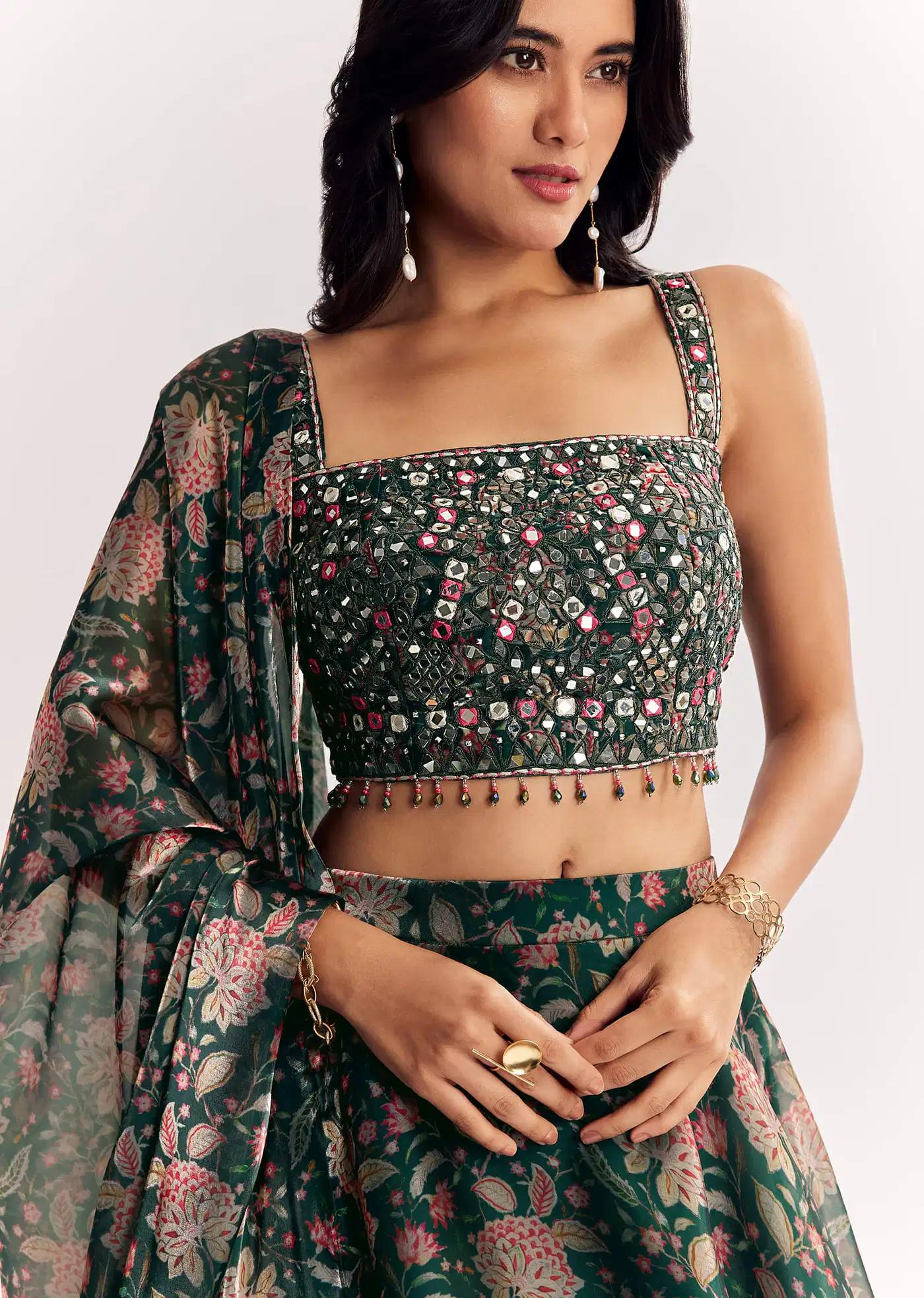 Bottle Green Mirror Work Lehenga Skirt Blouse Ensemble In Organza Tissue