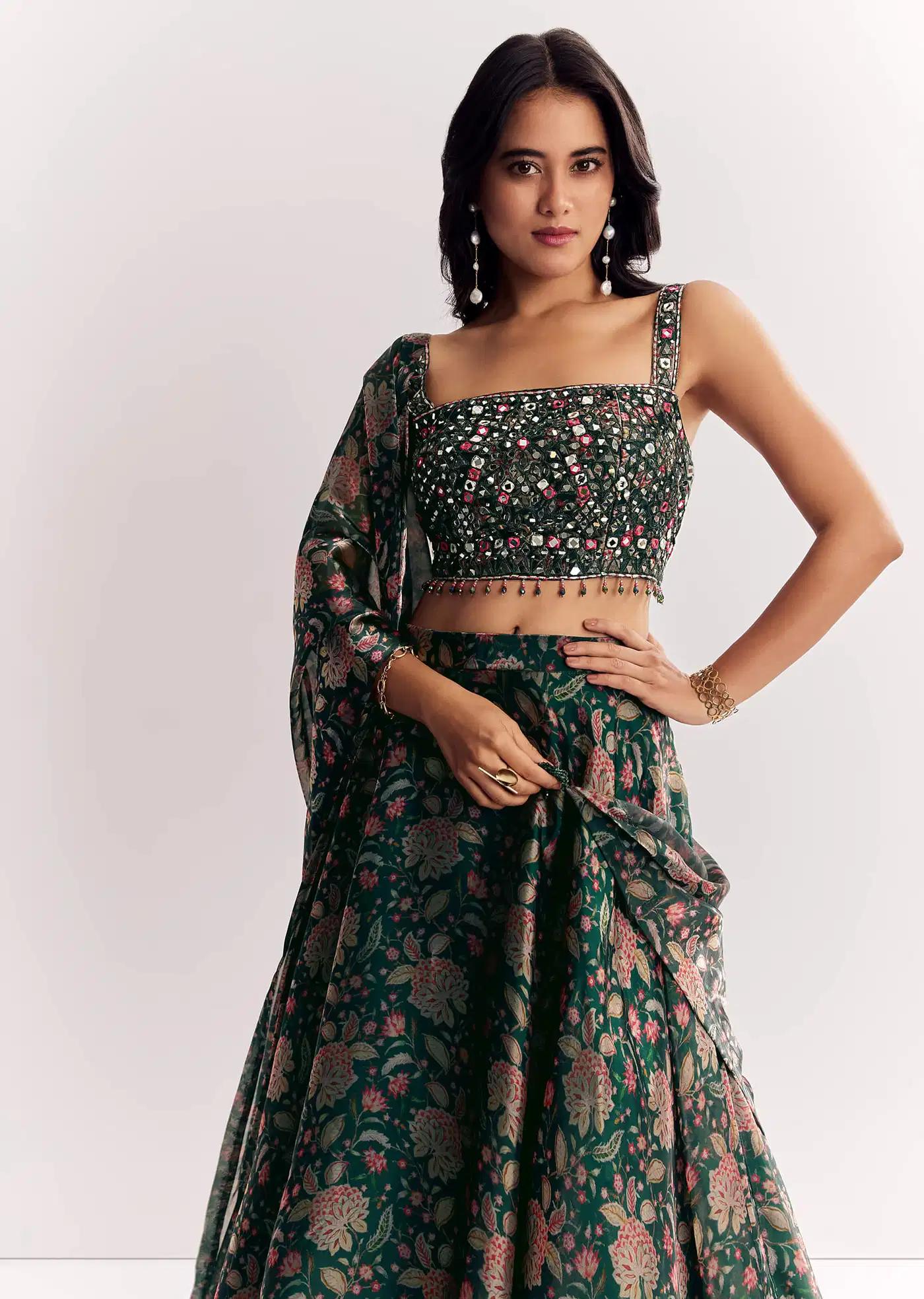 Bottle Green Mirror Work Lehenga Skirt Blouse Ensemble In Organza Tissue