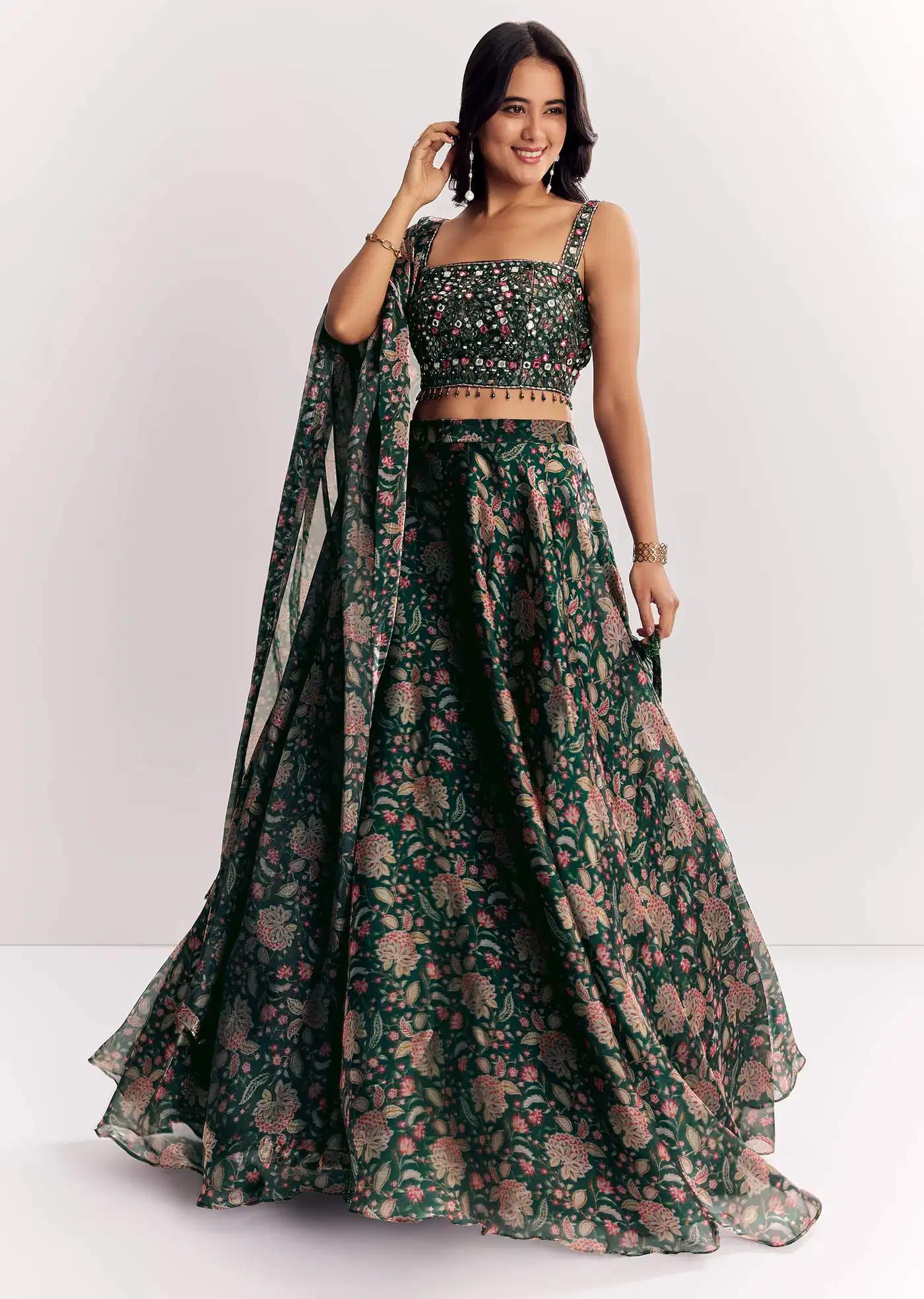 Bottle Green Mirror Work Lehenga Skirt Blouse Ensemble In Organza Tissue