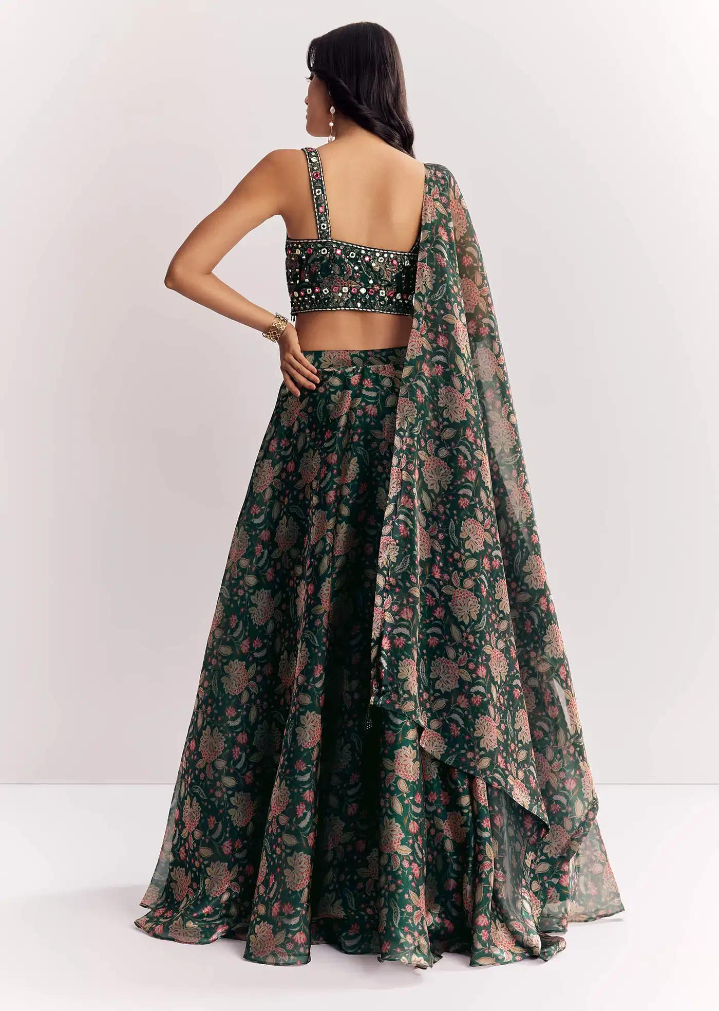Bottle Green Mirror Work Lehenga Skirt Blouse Ensemble In Organza Tissue