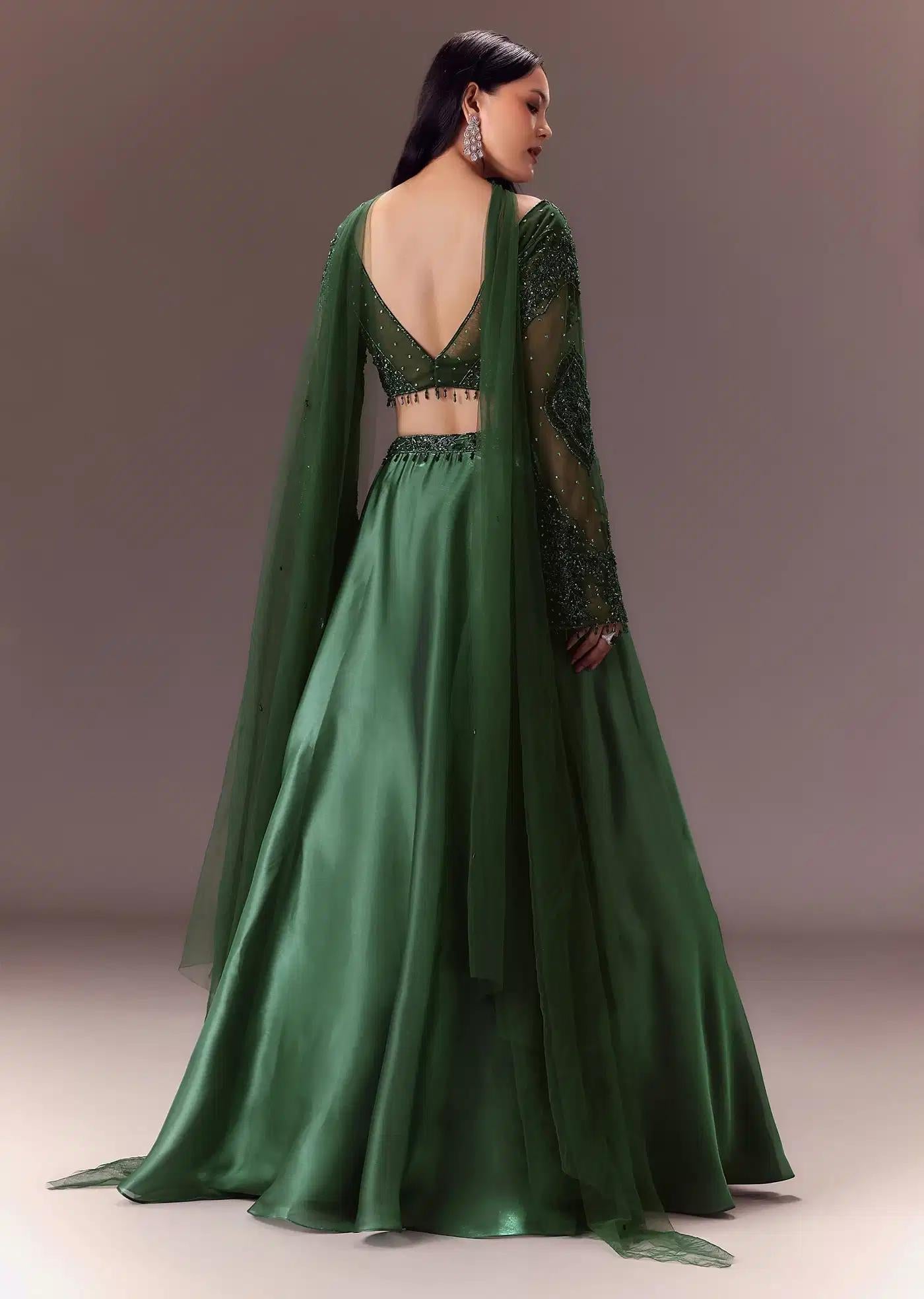 Bottle Green Organza Lehenga Skirt Ensemble Featuring Hand Work