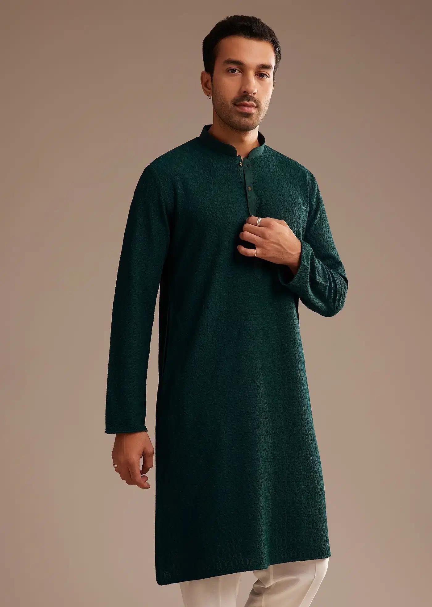 Bottle Green Rayon Embroidered Kurta Set Elegant Designer Kurta Sets