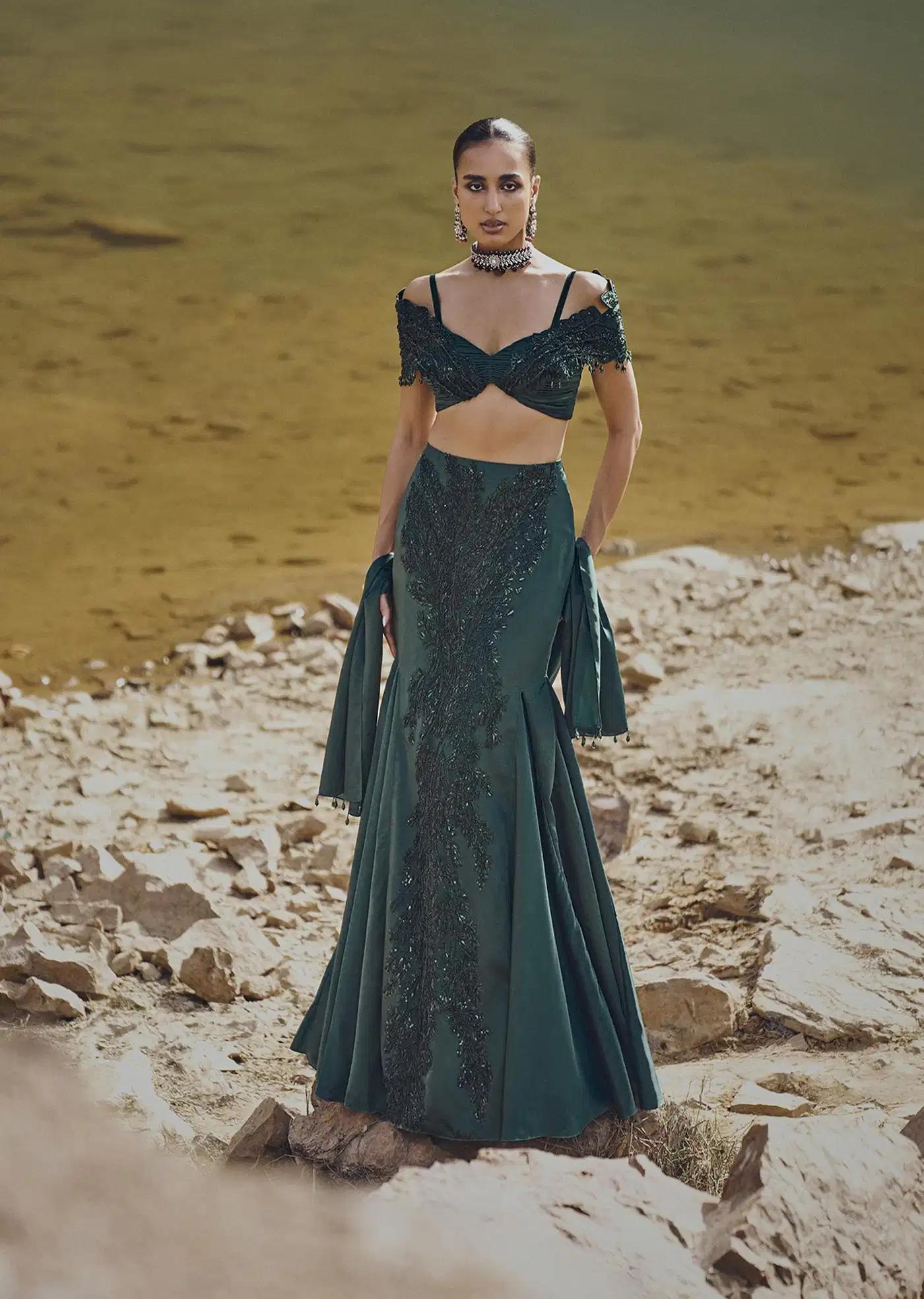 Bottle Green Shoulder Sleeve Blouse Featuring Skirt Drape