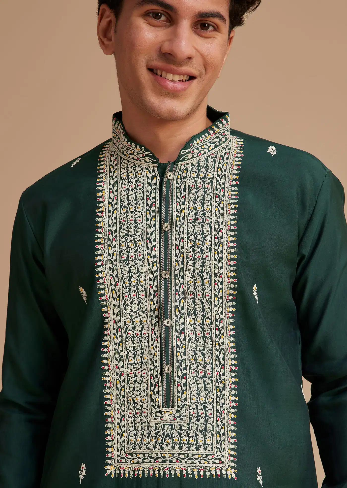 Bottle Green Silk Embroidered Kurta Elegant Designer Kurta Sets