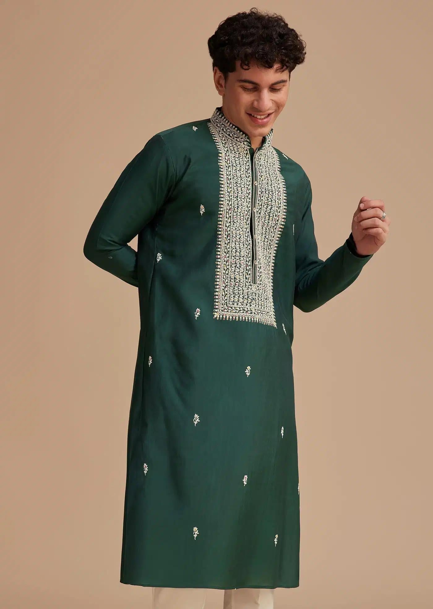 Bottle Green Silk Embroidered Kurta Elegant Designer Kurta Sets