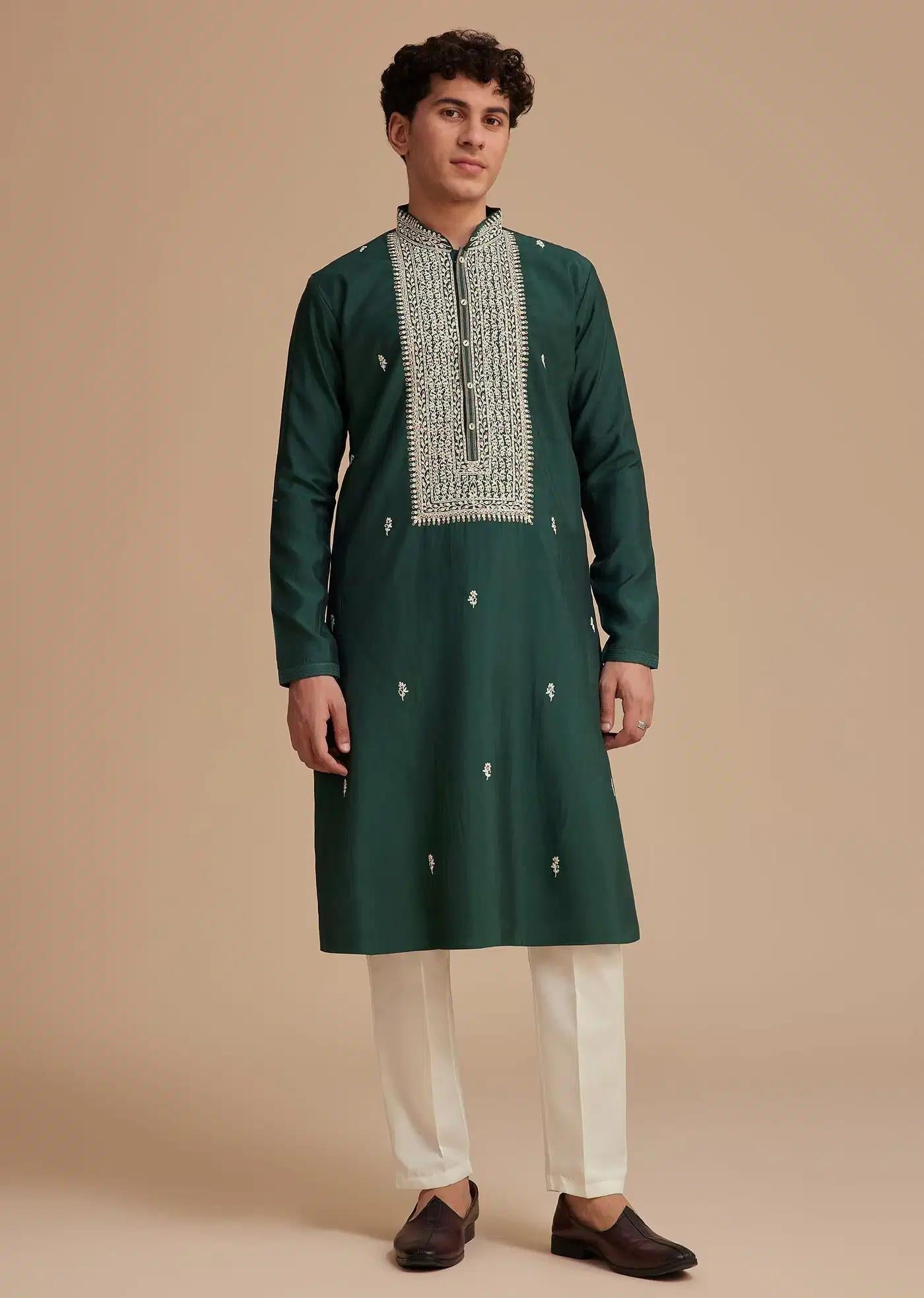 Bottle Green Silk Embroidered Kurta Elegant Designer Kurta Sets