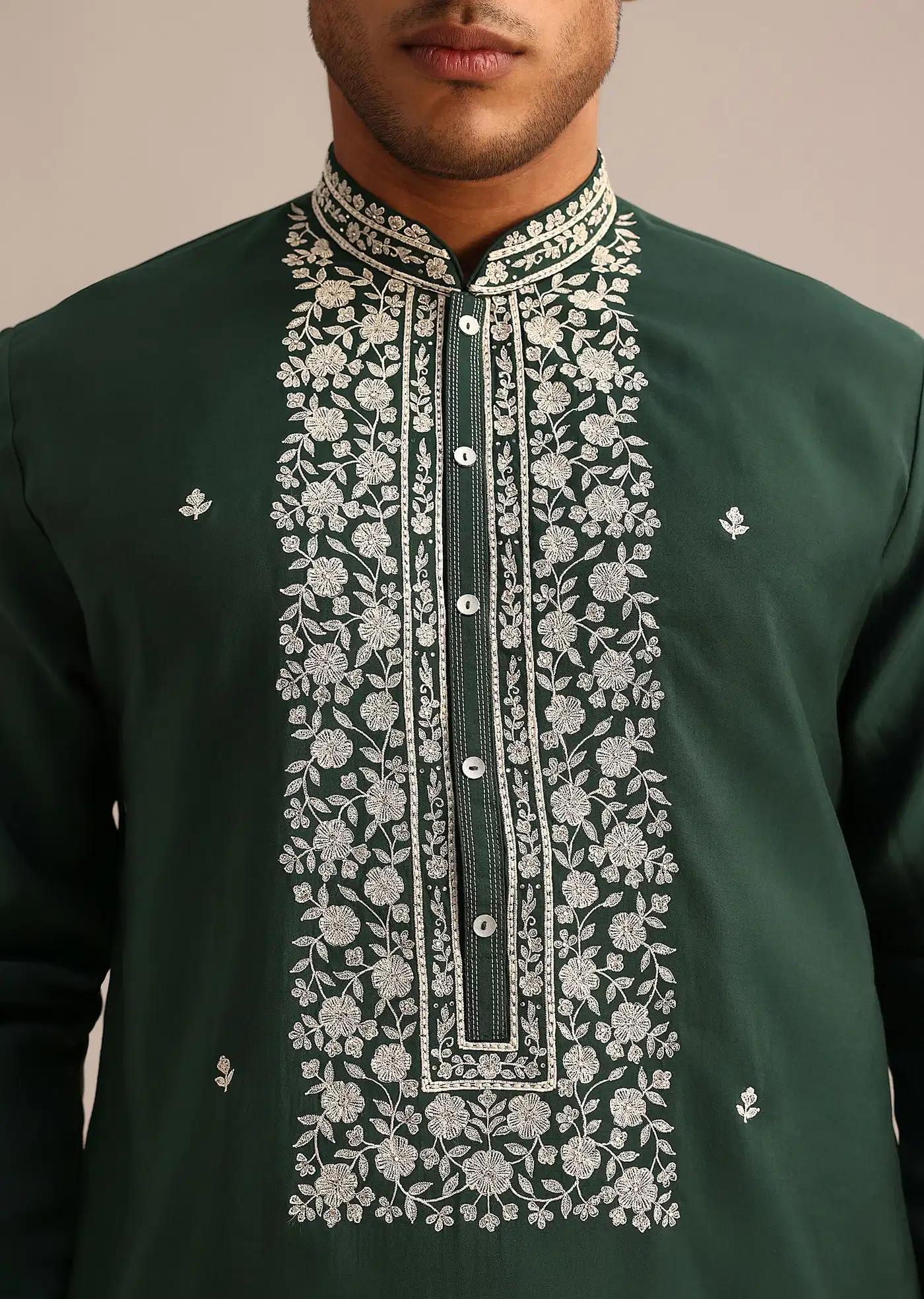 Bottle Green Silk Kurta And Pant Set With Hand Embroidered Yoke Elegant Designer Kurta Sets