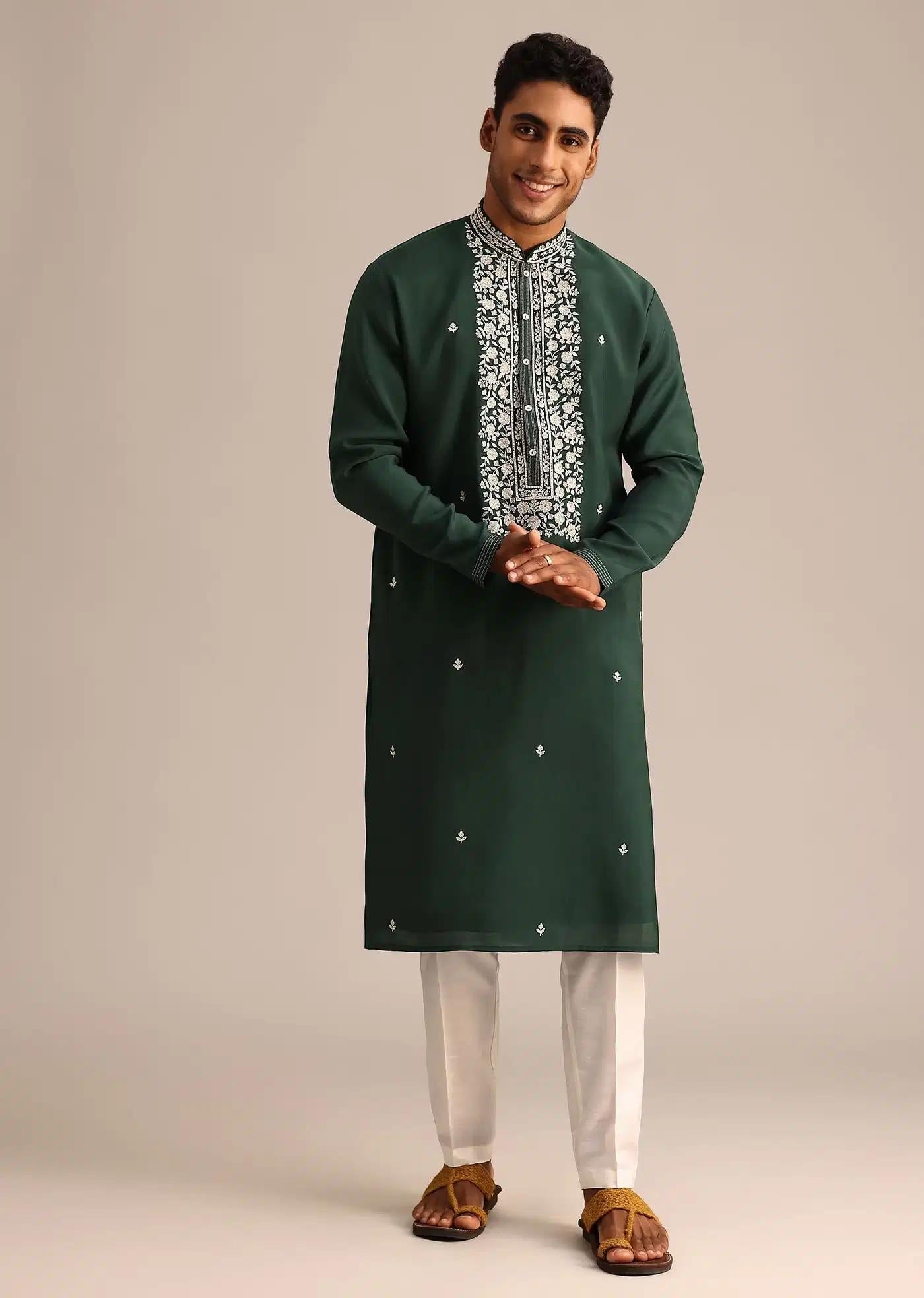 Bottle Green Silk Kurta And Pant Set With Hand Embroidered Yoke Elegant Designer Kurta Sets