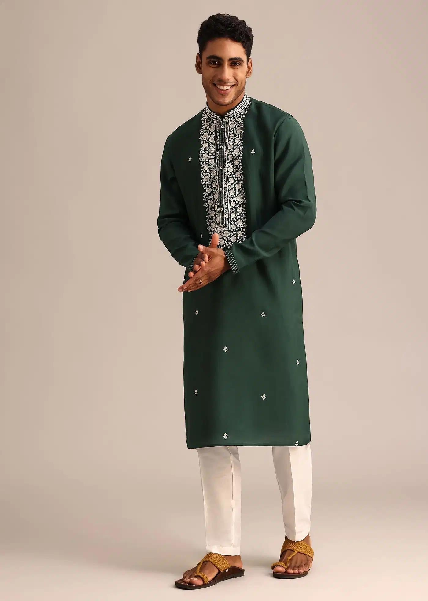Bottle Green Silk Kurta And Pant Set With Hand Embroidered Yoke Elegant Designer Kurta Sets