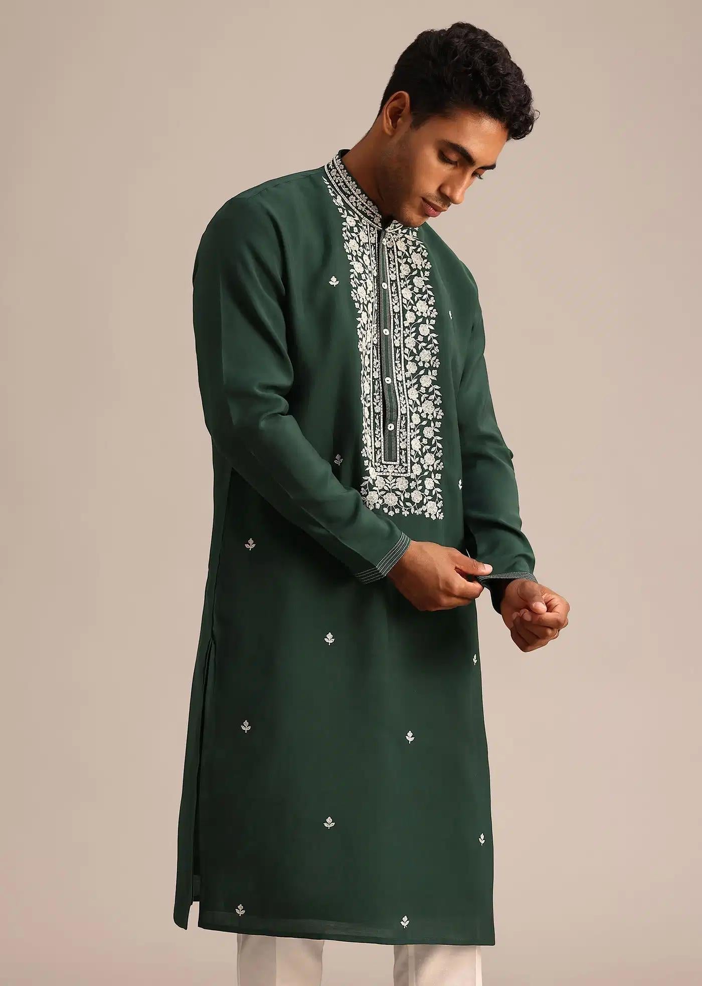Bottle Green Silk Kurta And Pant Set With Hand Embroidered Yoke Elegant Designer Kurta Sets