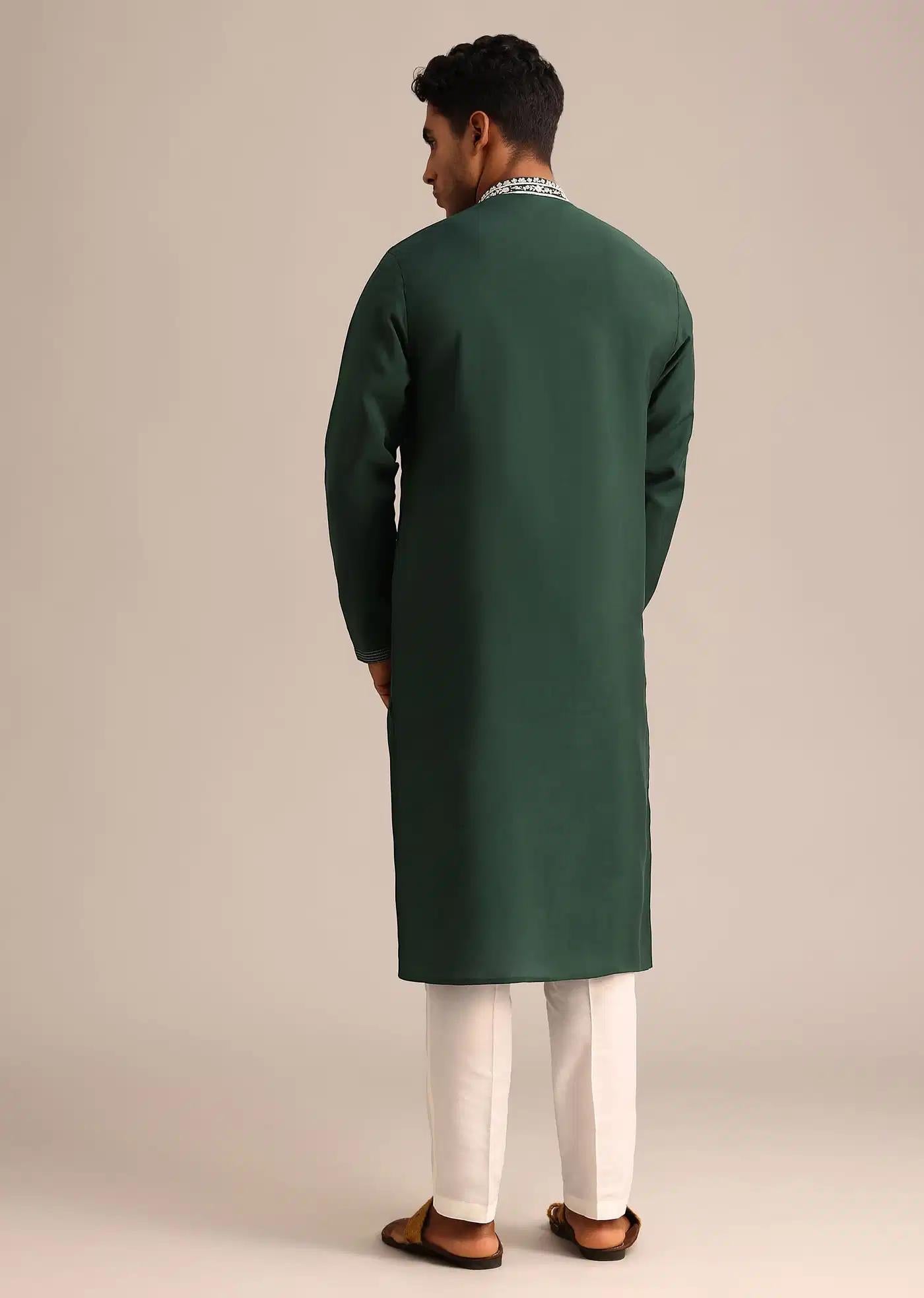Bottle Green Silk Kurta And Pant Set With Hand Embroidered Yoke Elegant Designer Kurta Sets