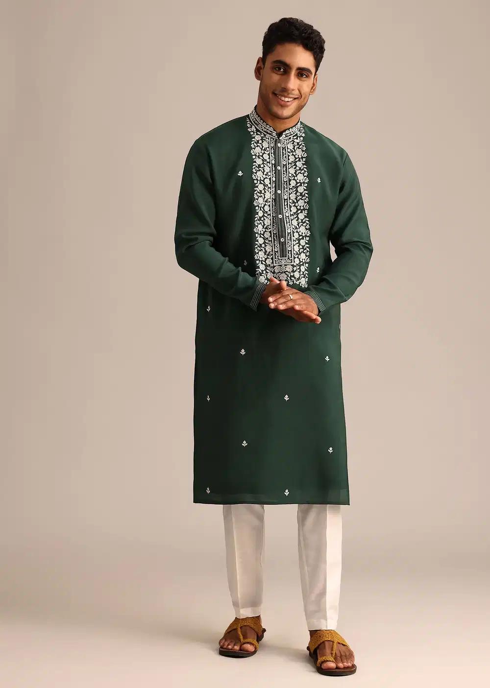 Bottle Green Silk Kurta And Pant Set With Hand Embroidered Yoke Elegant Designer Kurta Sets