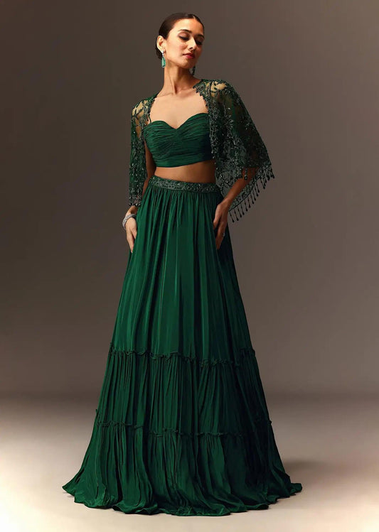 Bottle Green Tiered Lehenga Skirt Featuring Net Cape