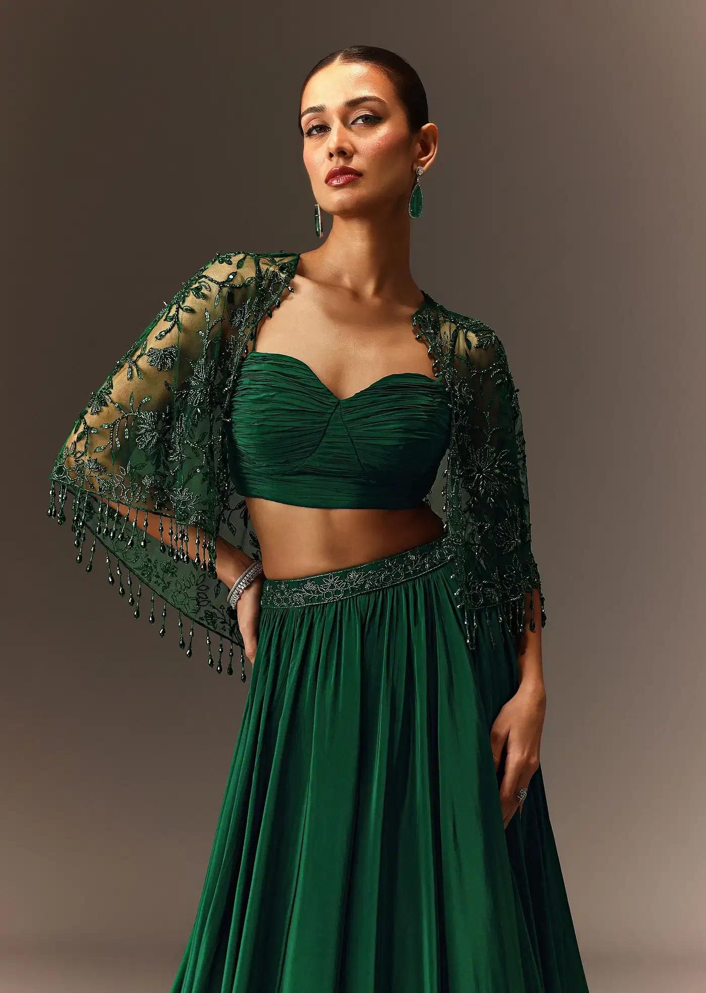 Bottle Green Tiered Lehenga Skirt Featuring Net Cape
