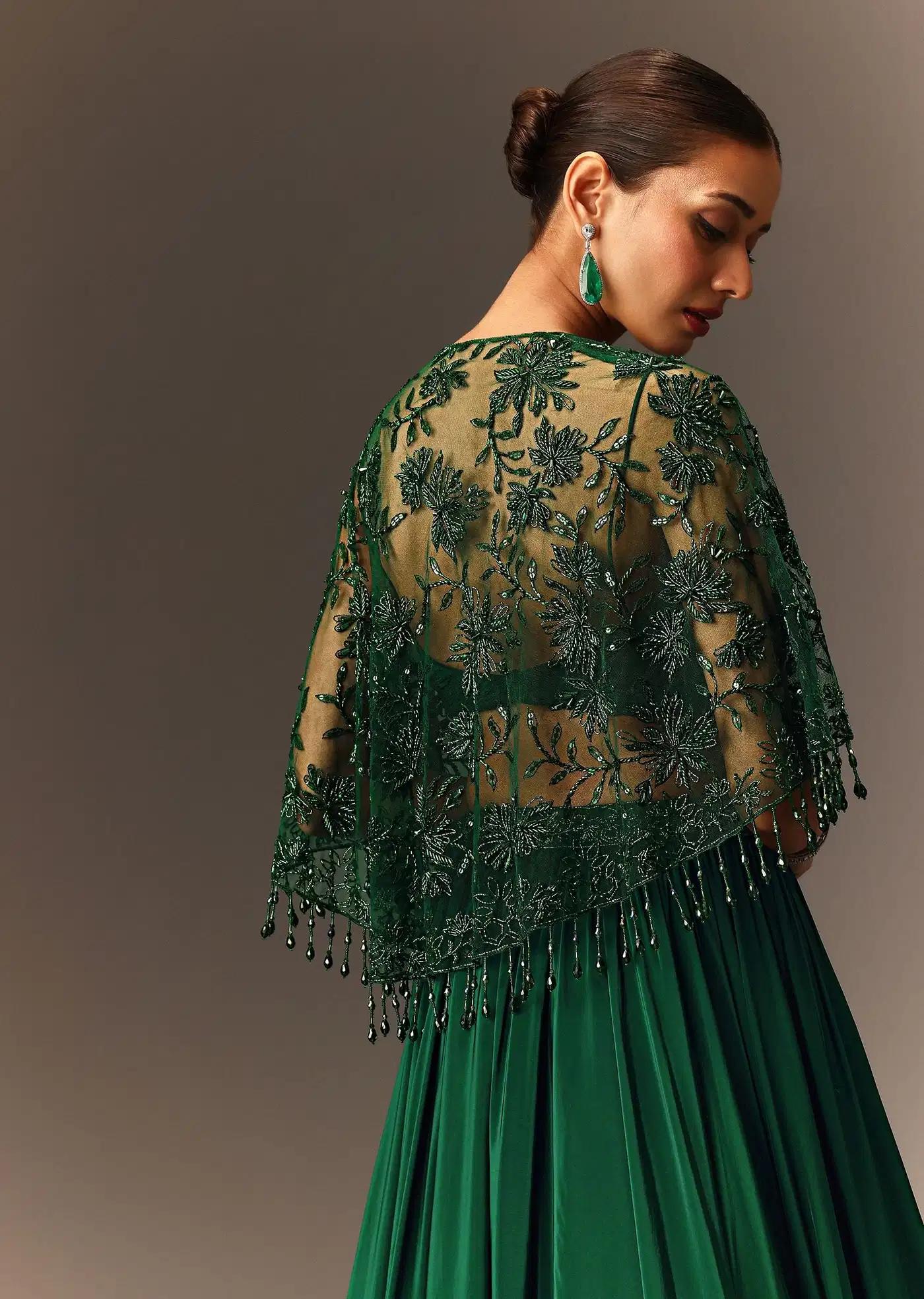 Bottle Green Tiered Lehenga Skirt Featuring Net Cape