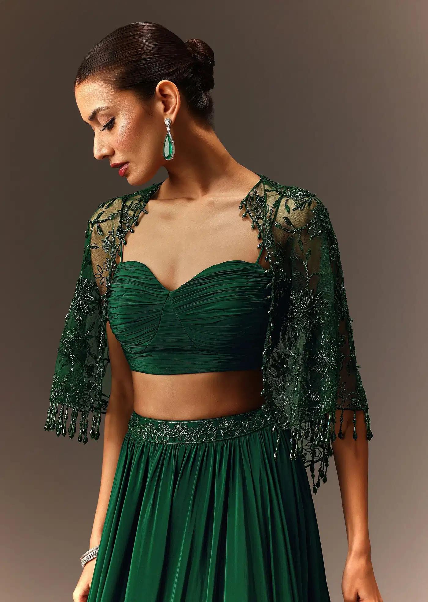 Bottle Green Tiered Lehenga Skirt Featuring Net Cape